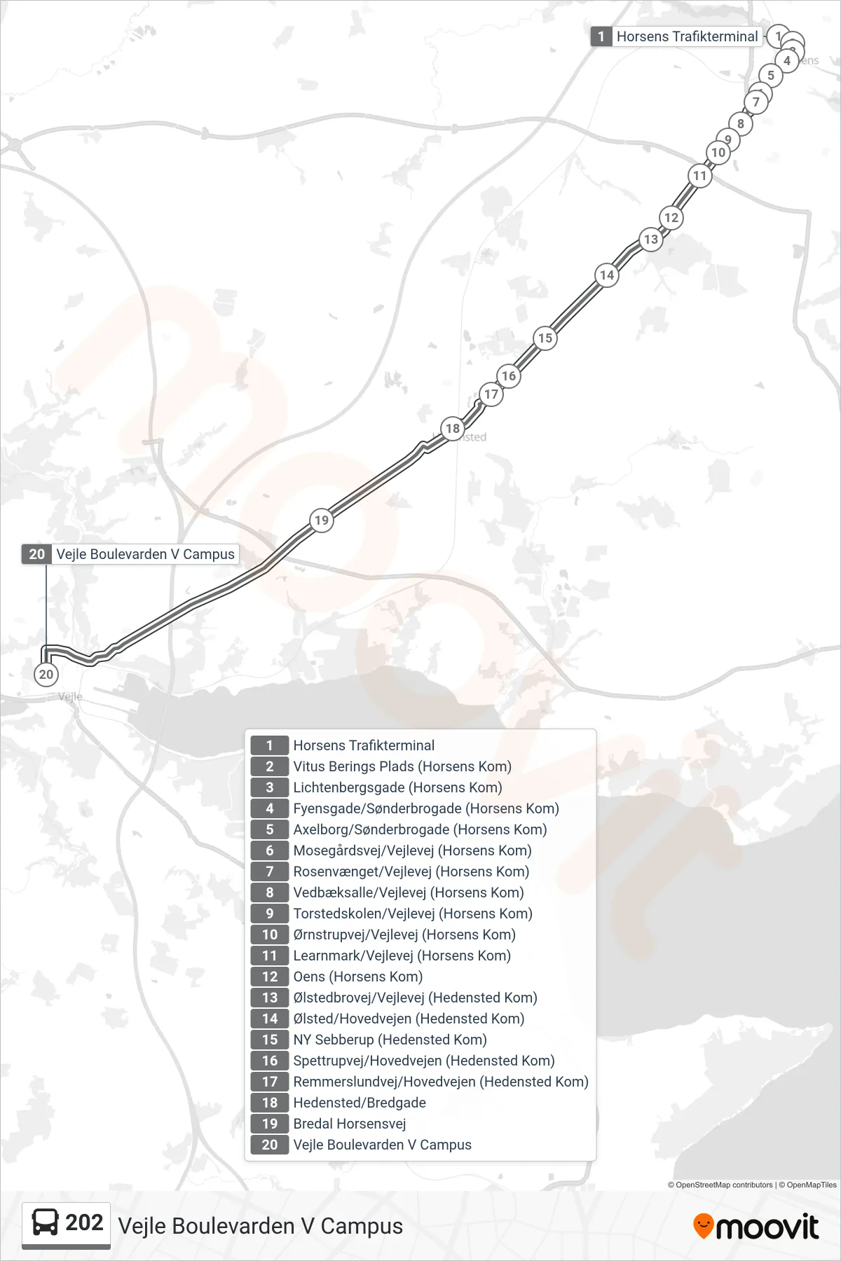 202 bus Linje (Vejle Boulevarden V Campus) rute og stop på et kort