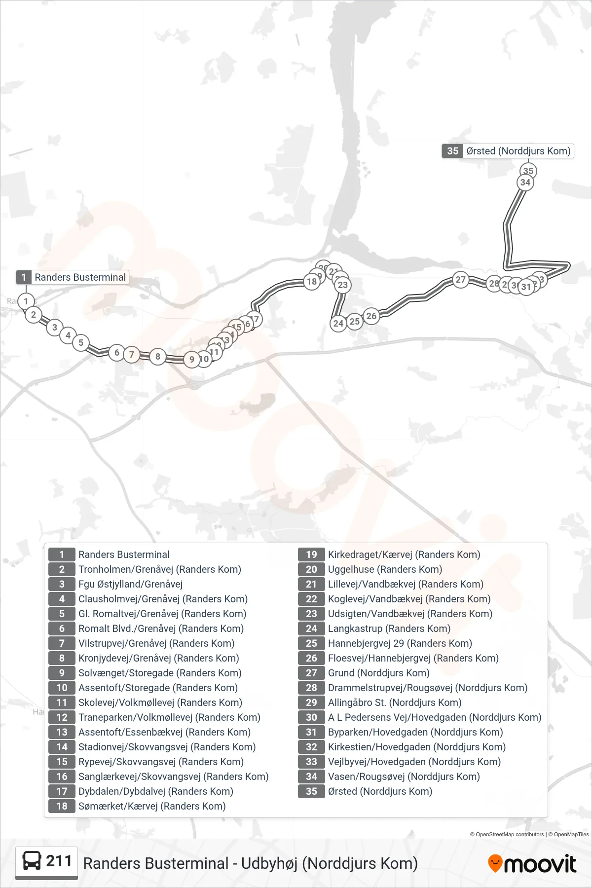 211 bus Line (Ørsted) route and stops on a map