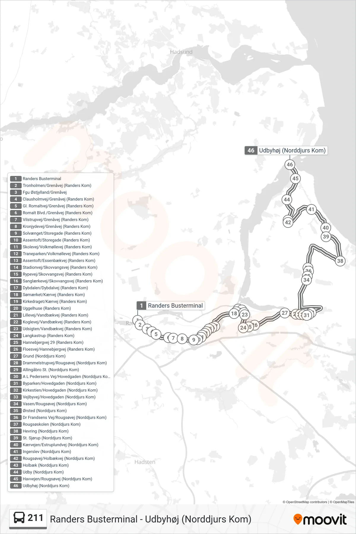 211 bus Linje (Udbyhøj (Norddjurs Kom)) rute og stop på et kort