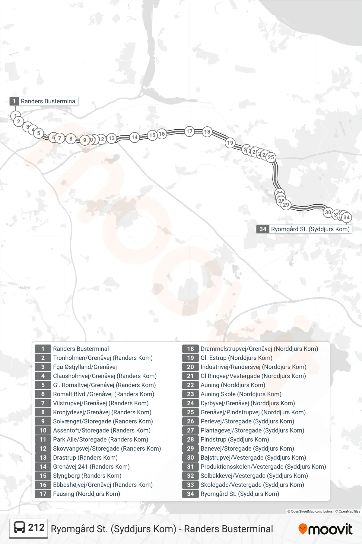 212 bus Linje (Ryomgård St.) rute og stop på et kort