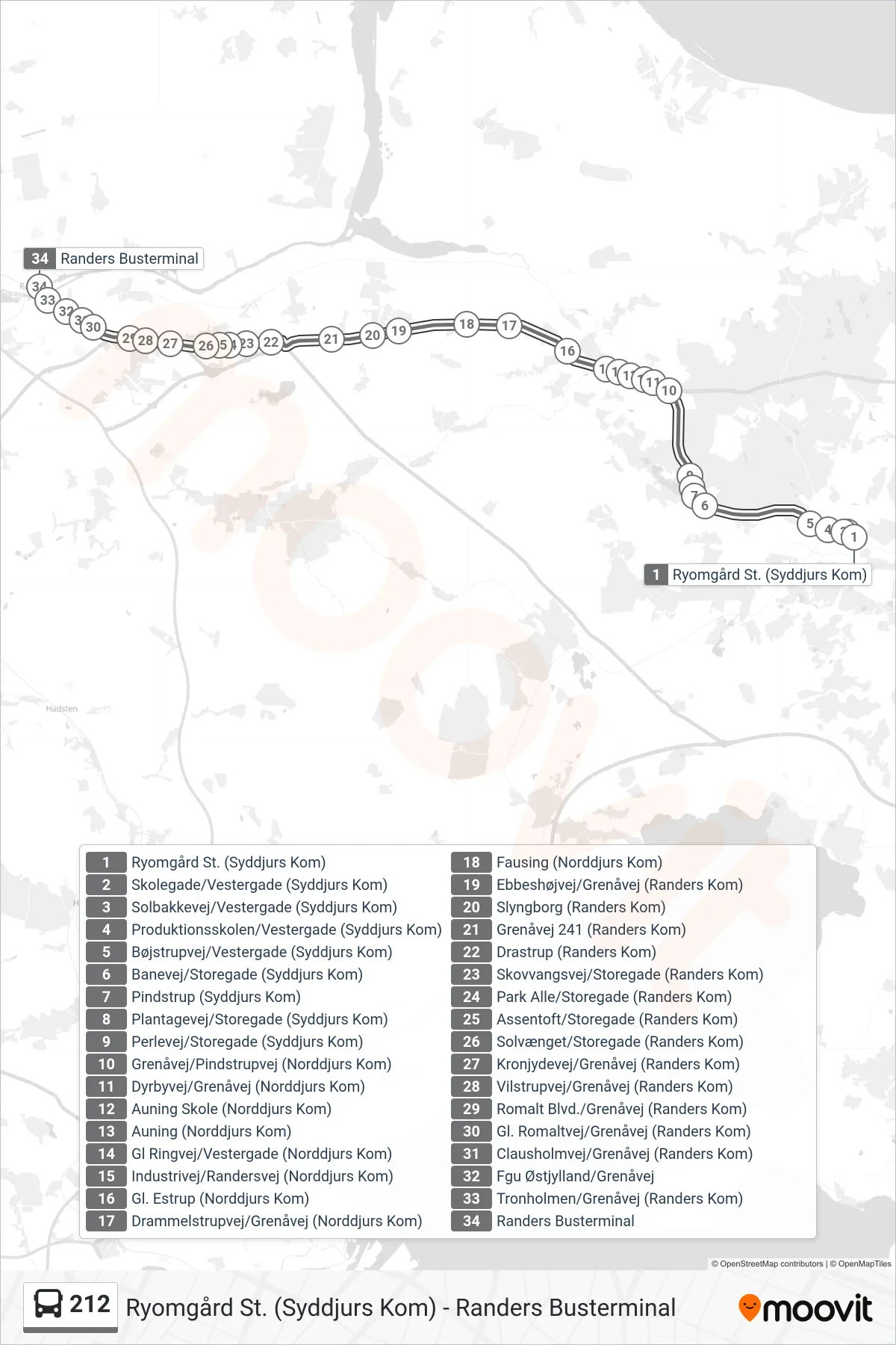212 bus Linje (Randers Busterminal) rute og stop på et kort