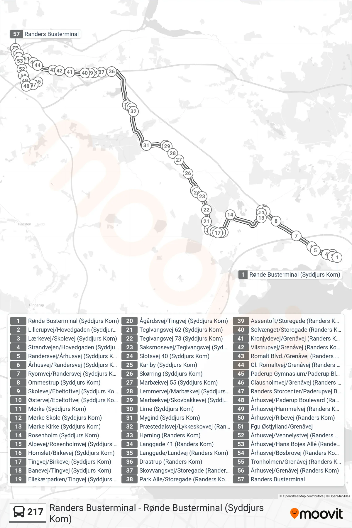 217 bus Line (Randers Busterminal) route and stops on a map