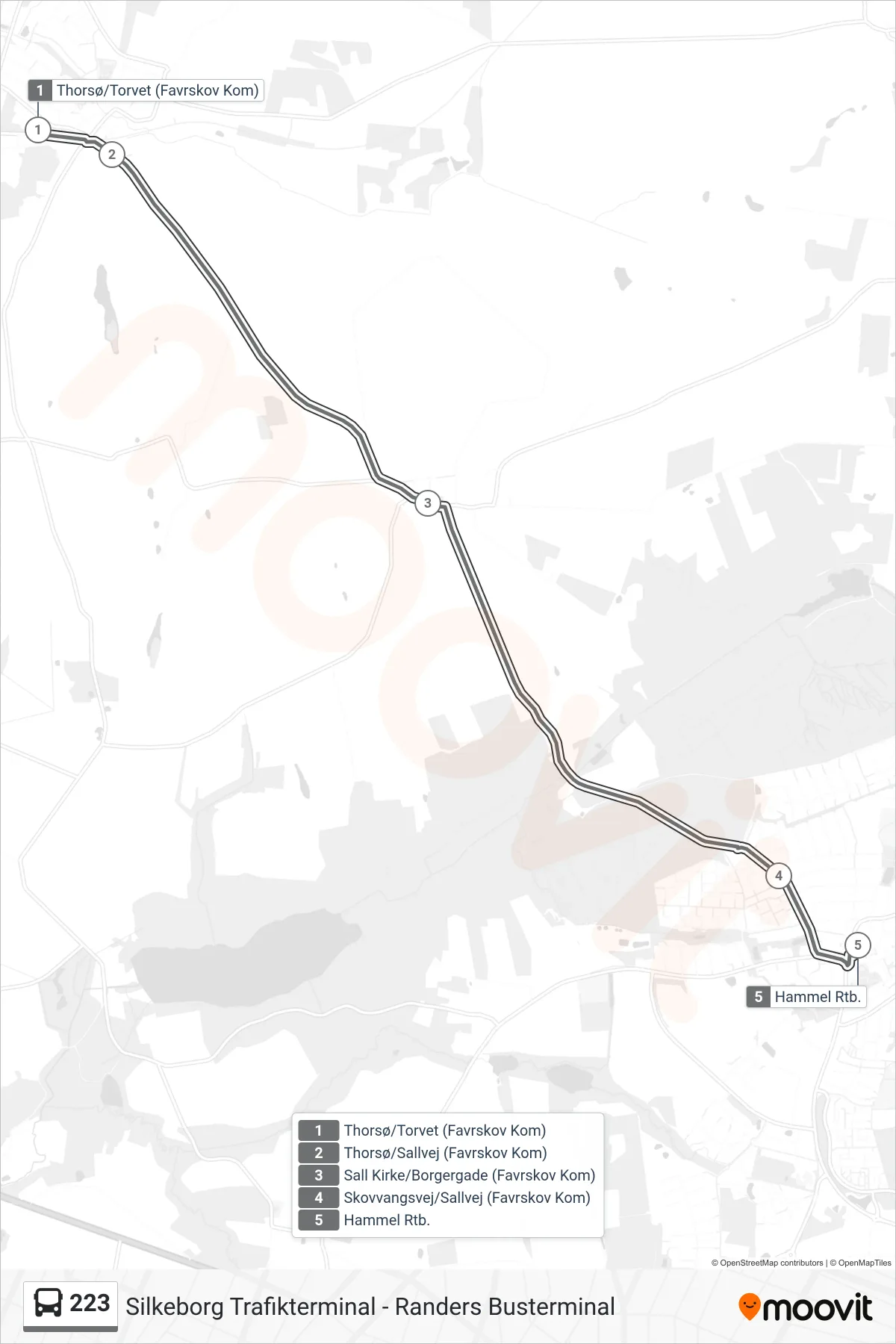 223 bus Linje (Hammel Rtb.) rute og stop på et kort