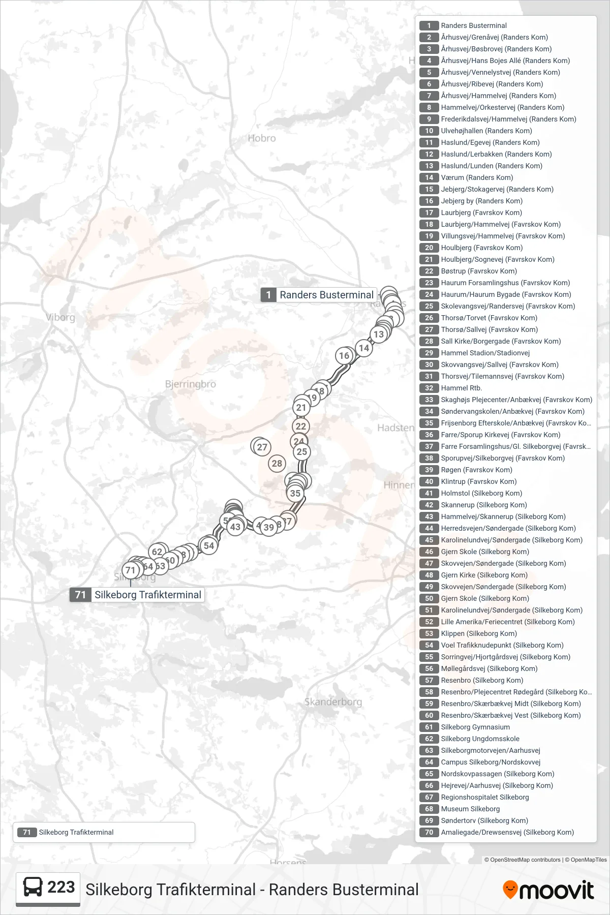 223 bus Line (Silkeborg Trafikterminal) route and stops on a map