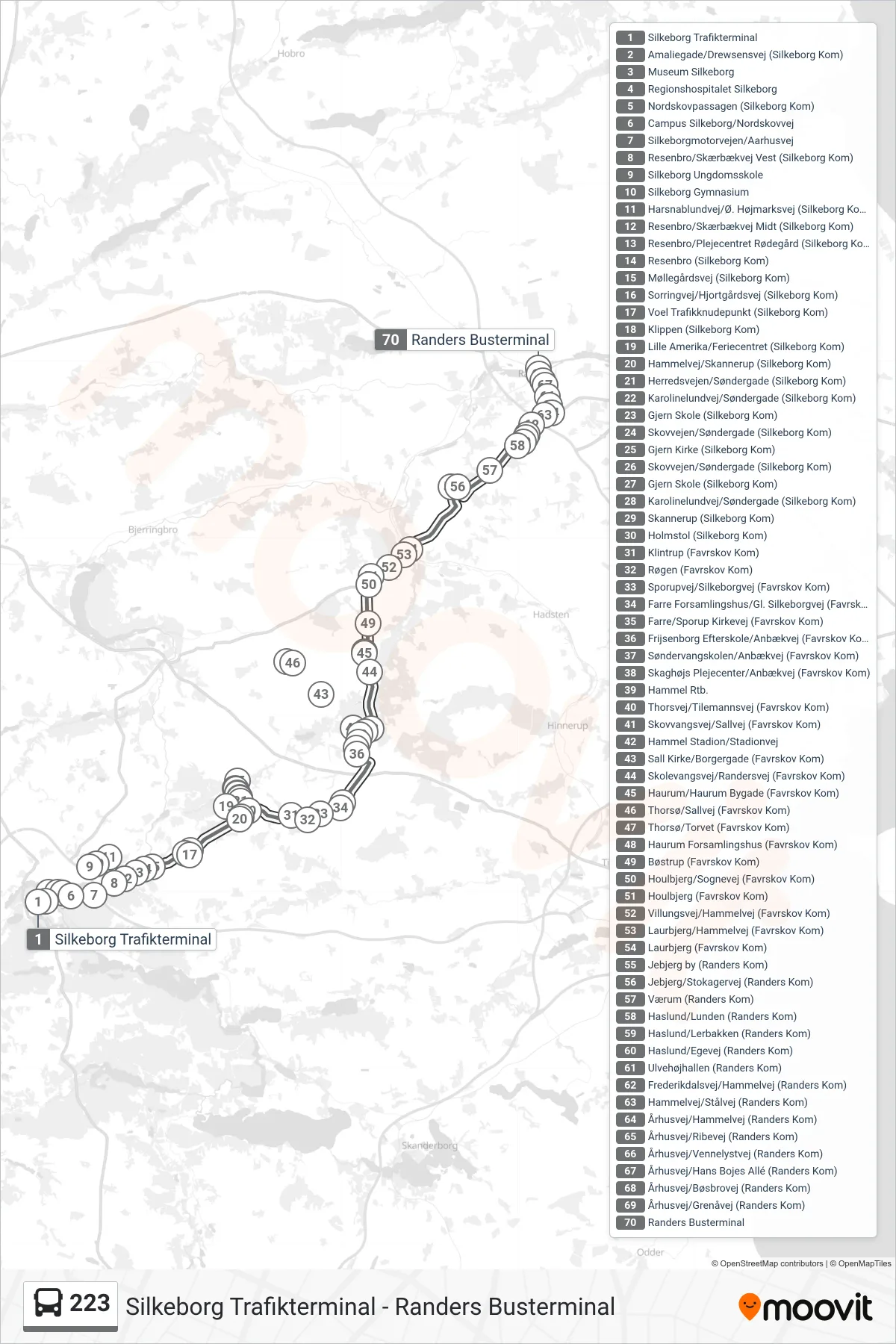 223 bus Linje (Randers Busterminal) rute og stop på et kort
