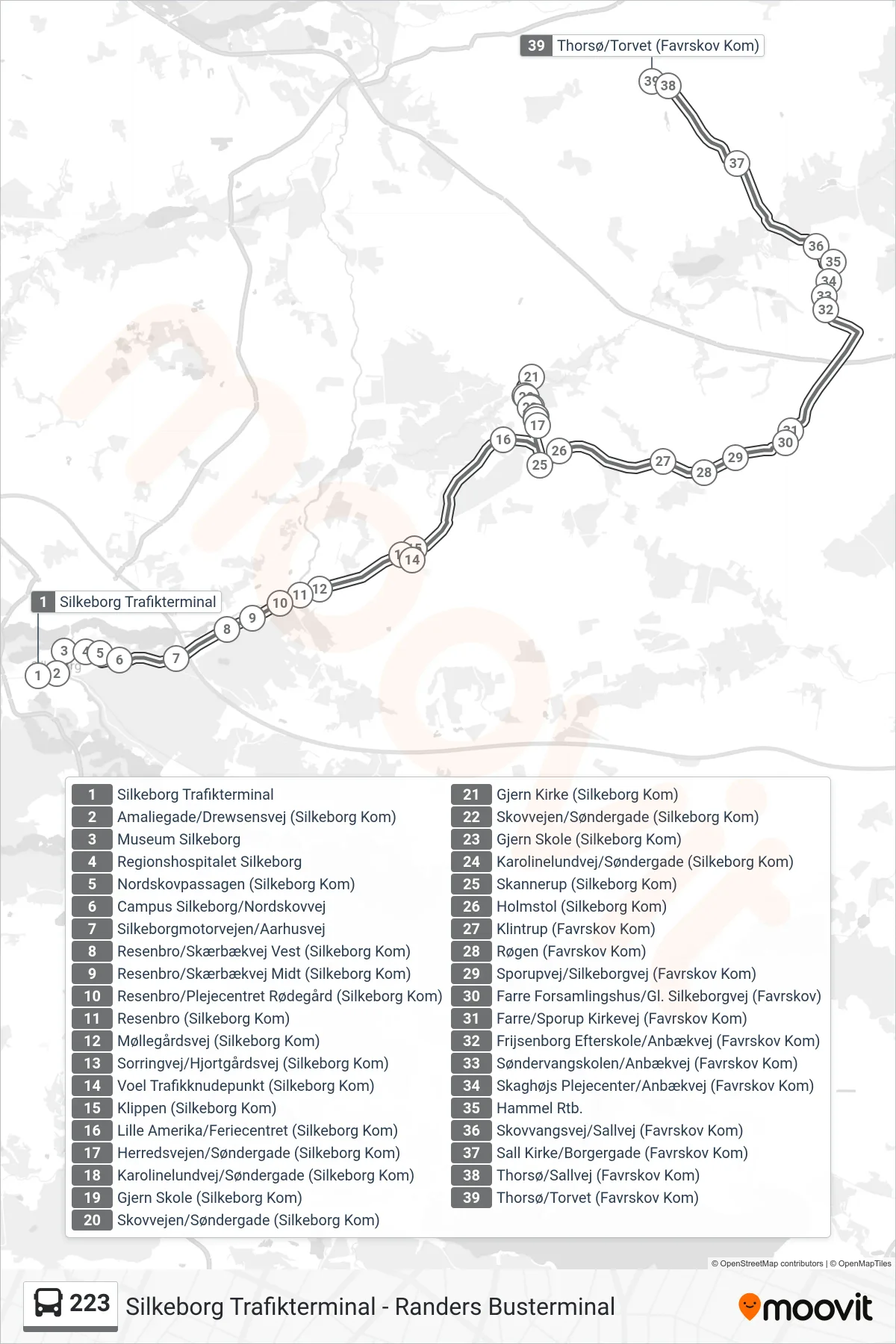 223 bus Linje (Thorsø/Torvet (Favrskov Kom)) rute og stop på et kort