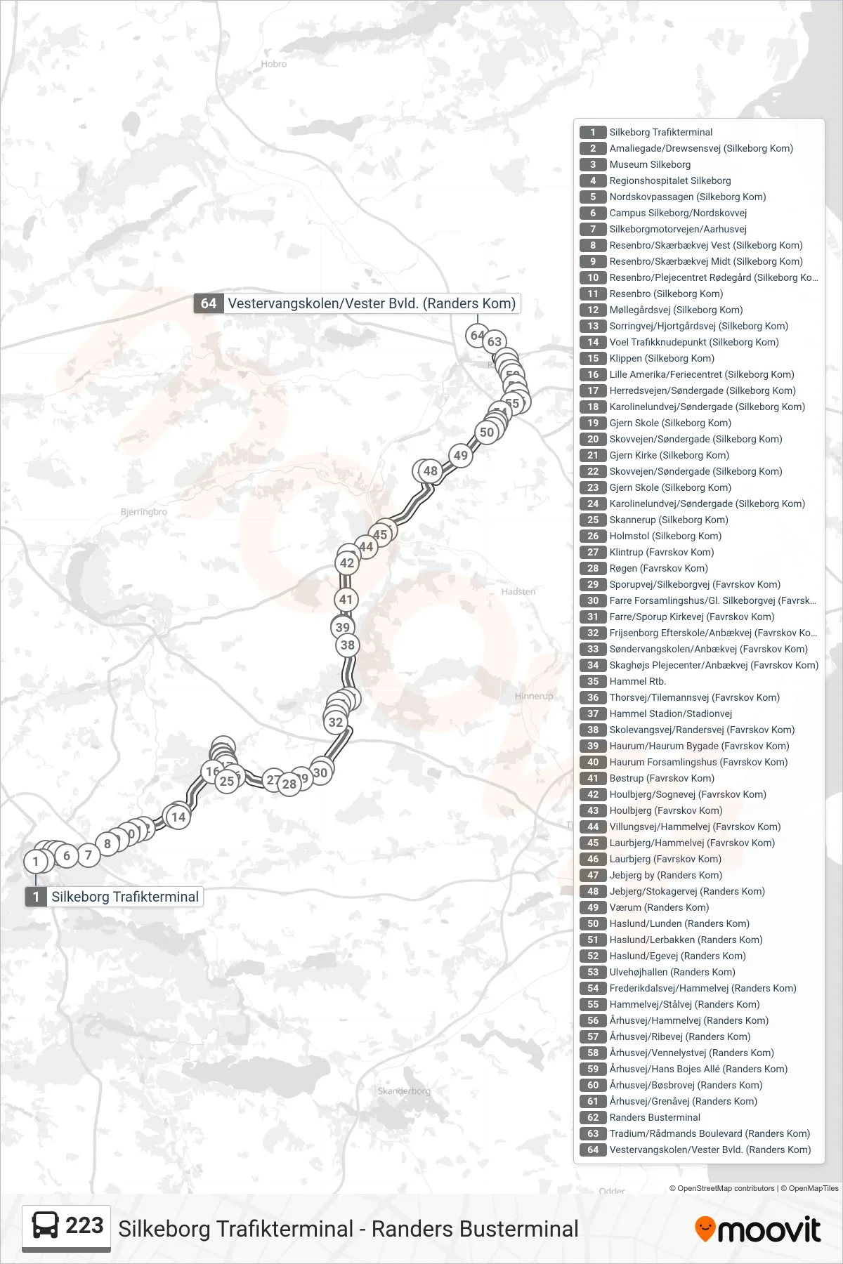 223 bus Linje (Vestervangskolen/Vester Bvld. (Randers Kom)) rute og stop på et kort