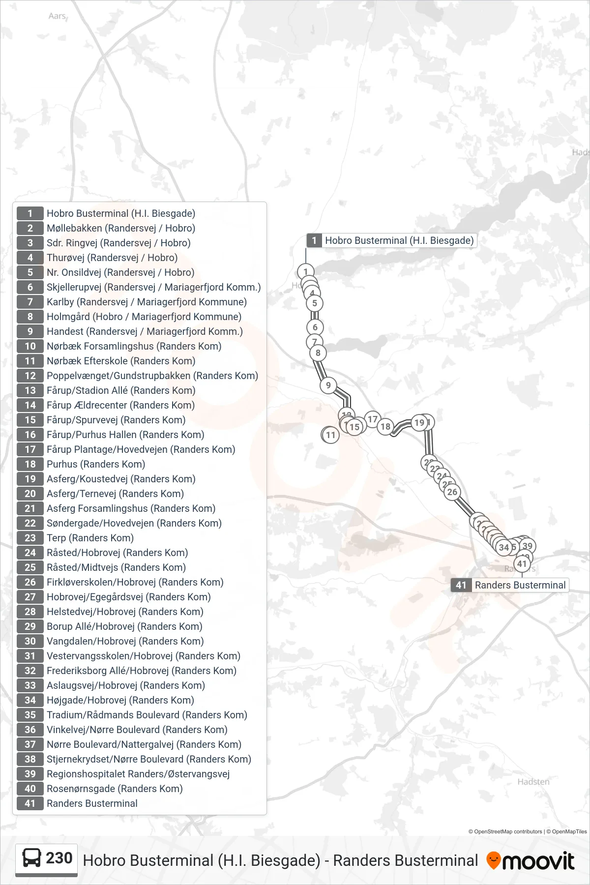 230 bus Linje (Randers Busterminal) rute og stop på et kort