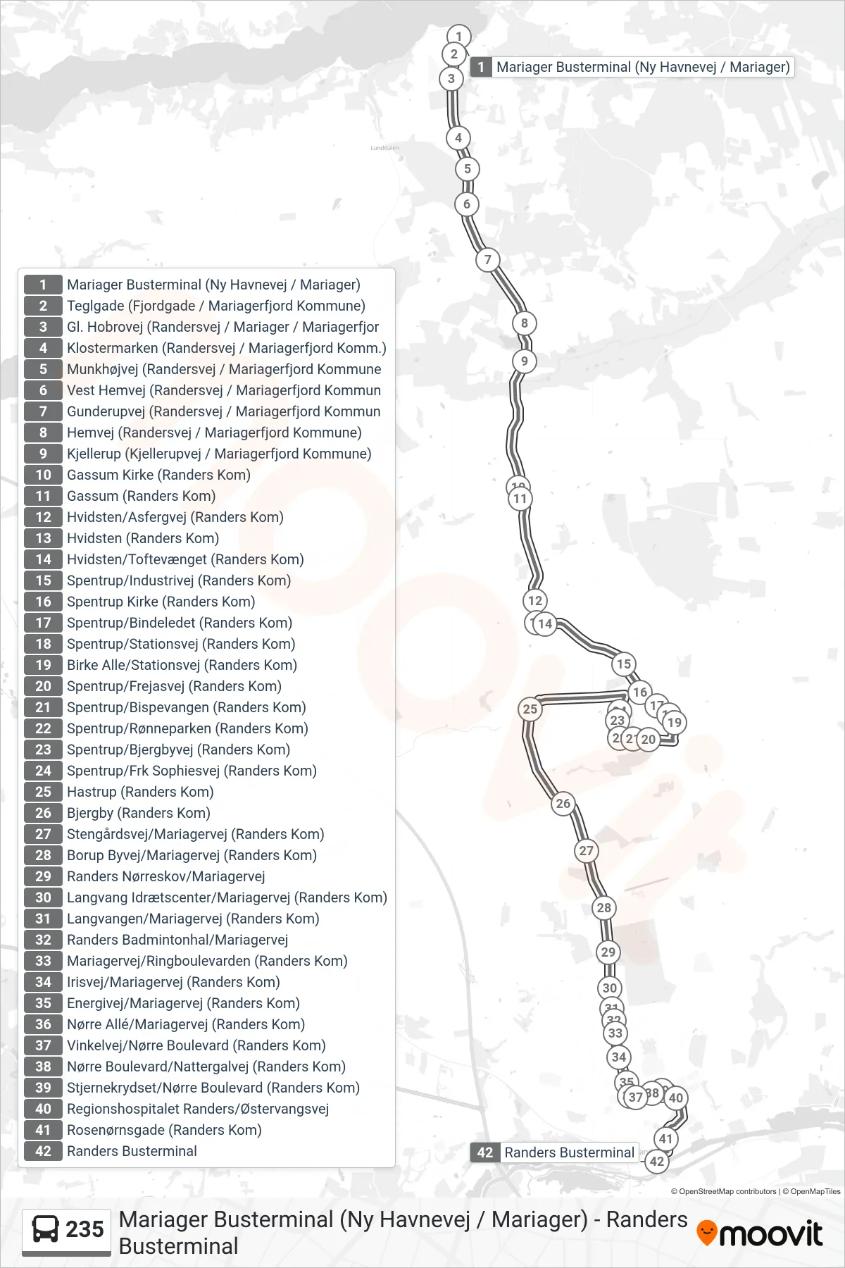 235 bus Linje (Randers Busterminal) rute og stop på et kort