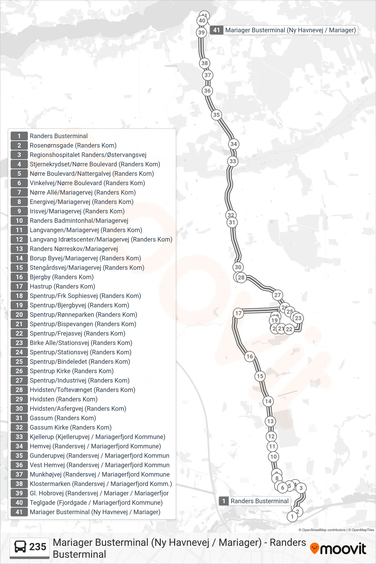 235 bus Linje (Mariager Busterminal) rute og stop på et kort
