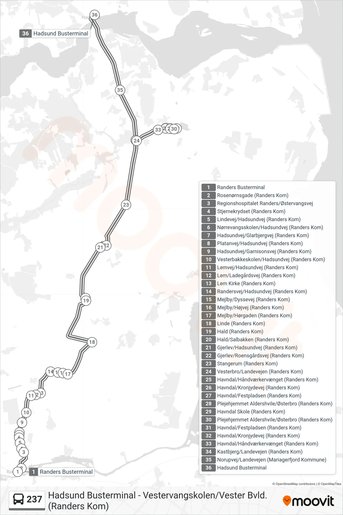 237 bus Linje (Hadsund Busterminal) rute og stop på et kort