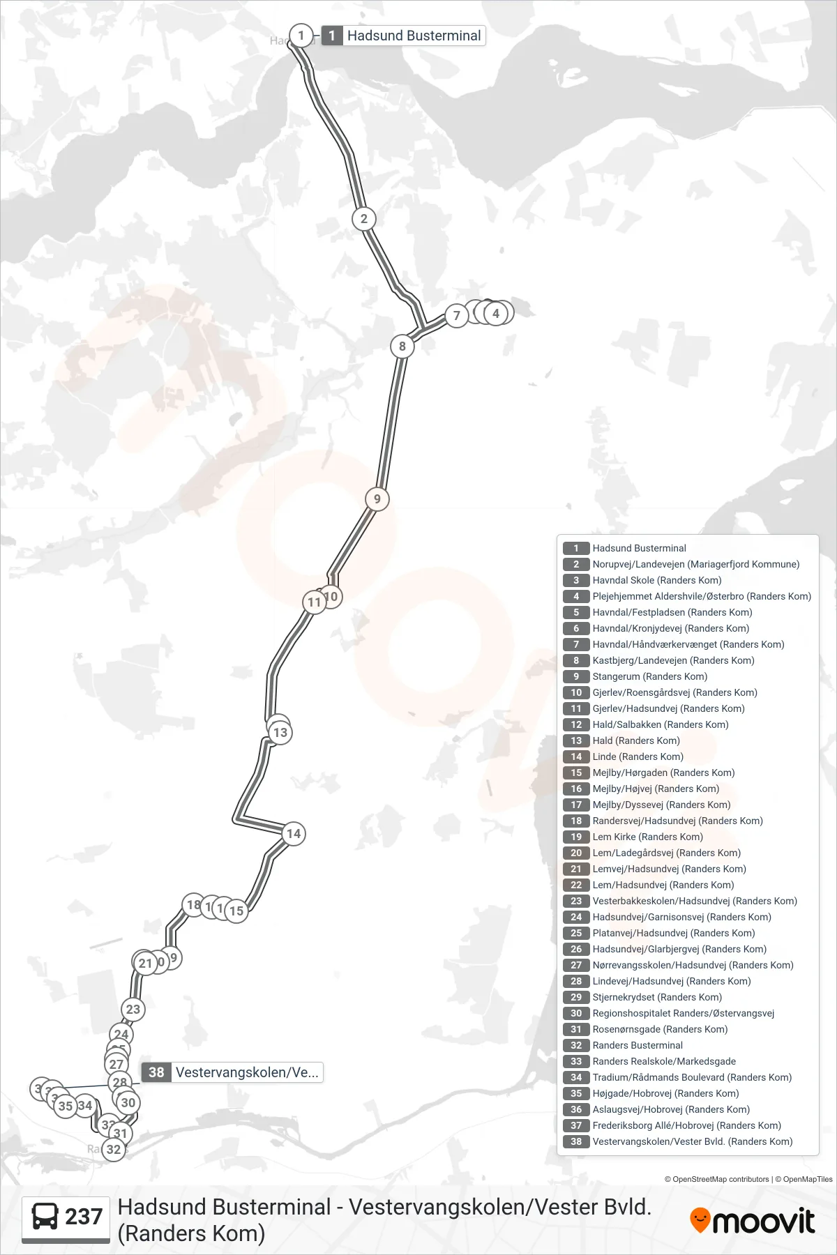 237 bus Linje (Randers Busterminal) rute og stop på et kort