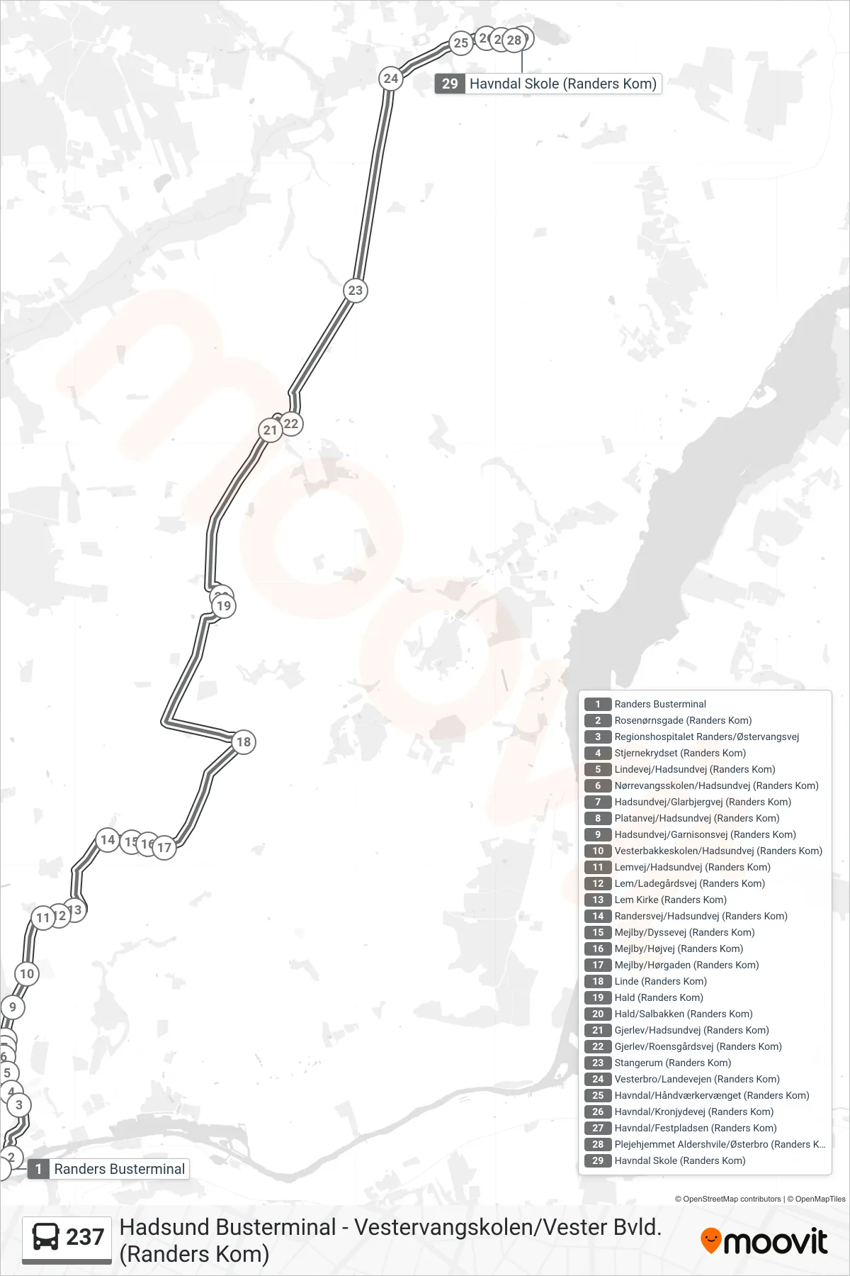 237 bus Line (Havndal Skole (Randers Kom)) route and stops on a map