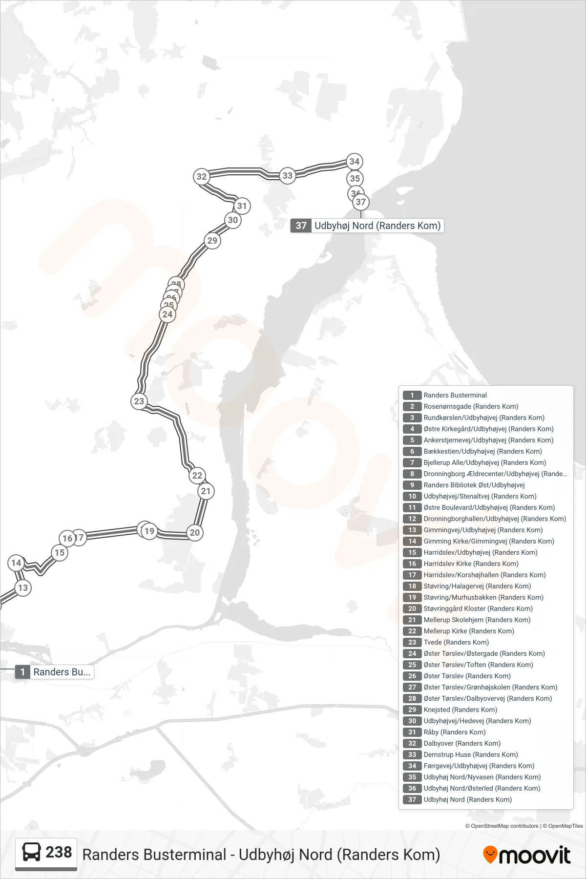 238 bus Linje (Udbyhøj Nord) rute og stop på et kort