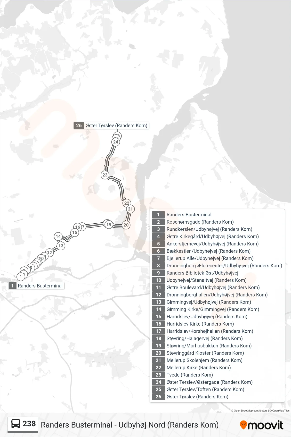 238 bus Linje (Øster Tørslev) rute og stop på et kort