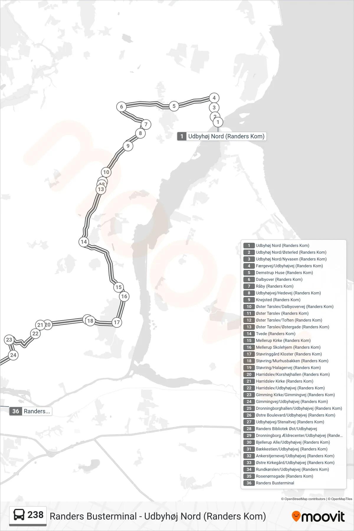 238 bus Linje (Randers Busterminal) rute og stop på et kort