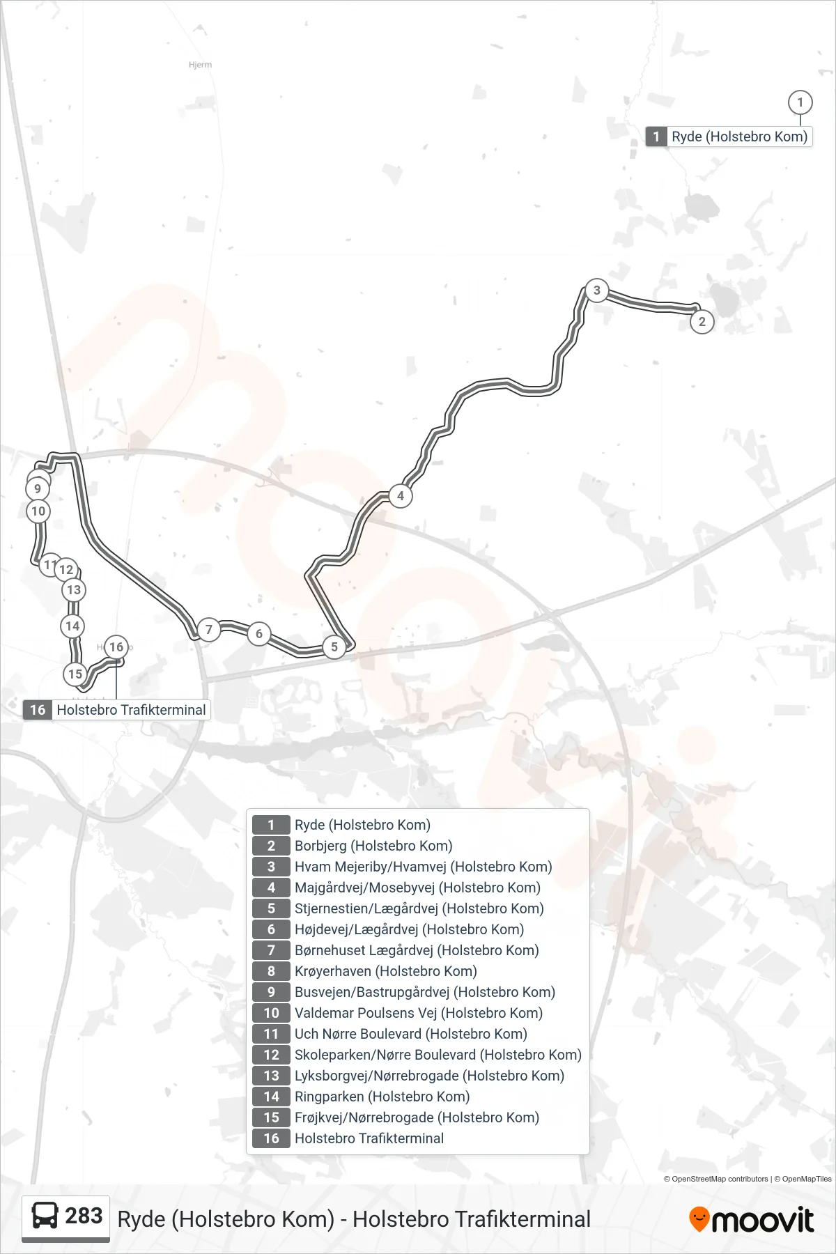 283 bus Linje (Holstebro Trafikterminal) rute og stop på et kort