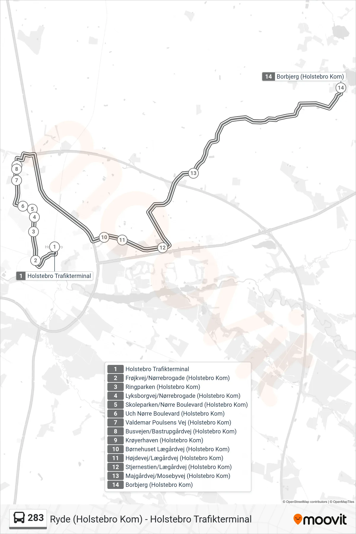 283 bus Linje (Borbjerg) rute og stop på et kort