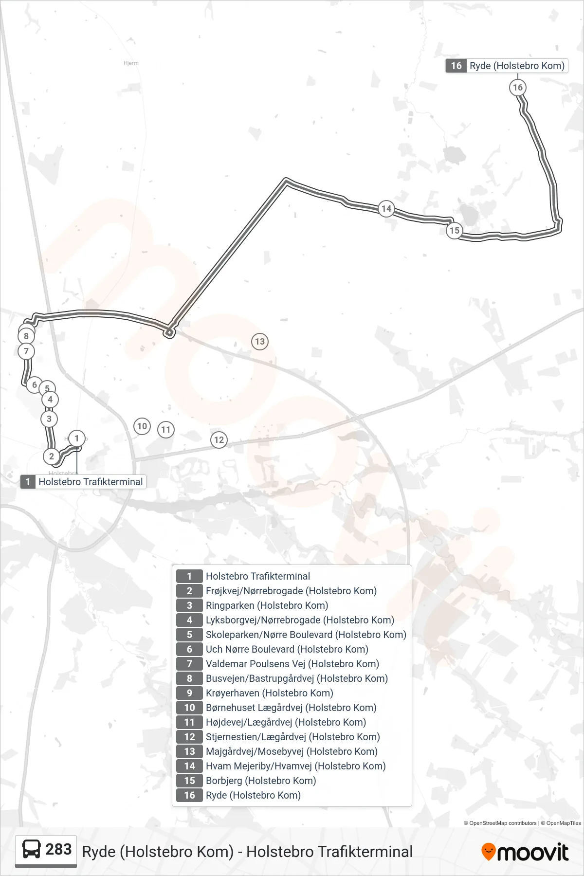283 bus Linje (Ryde) rute og stop på et kort
