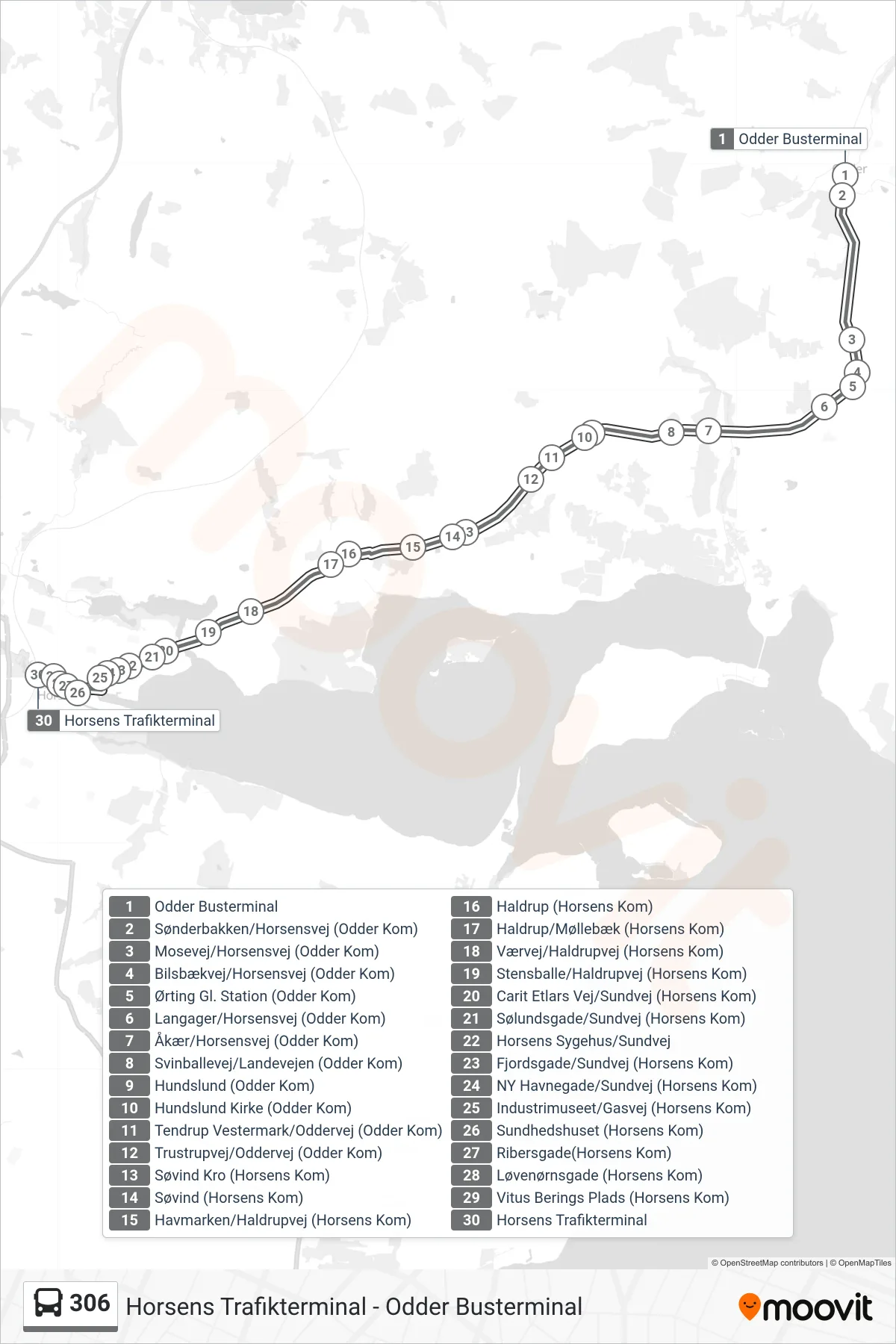 306 bus Line (Horsens Trafikterminal) route and stops on a map