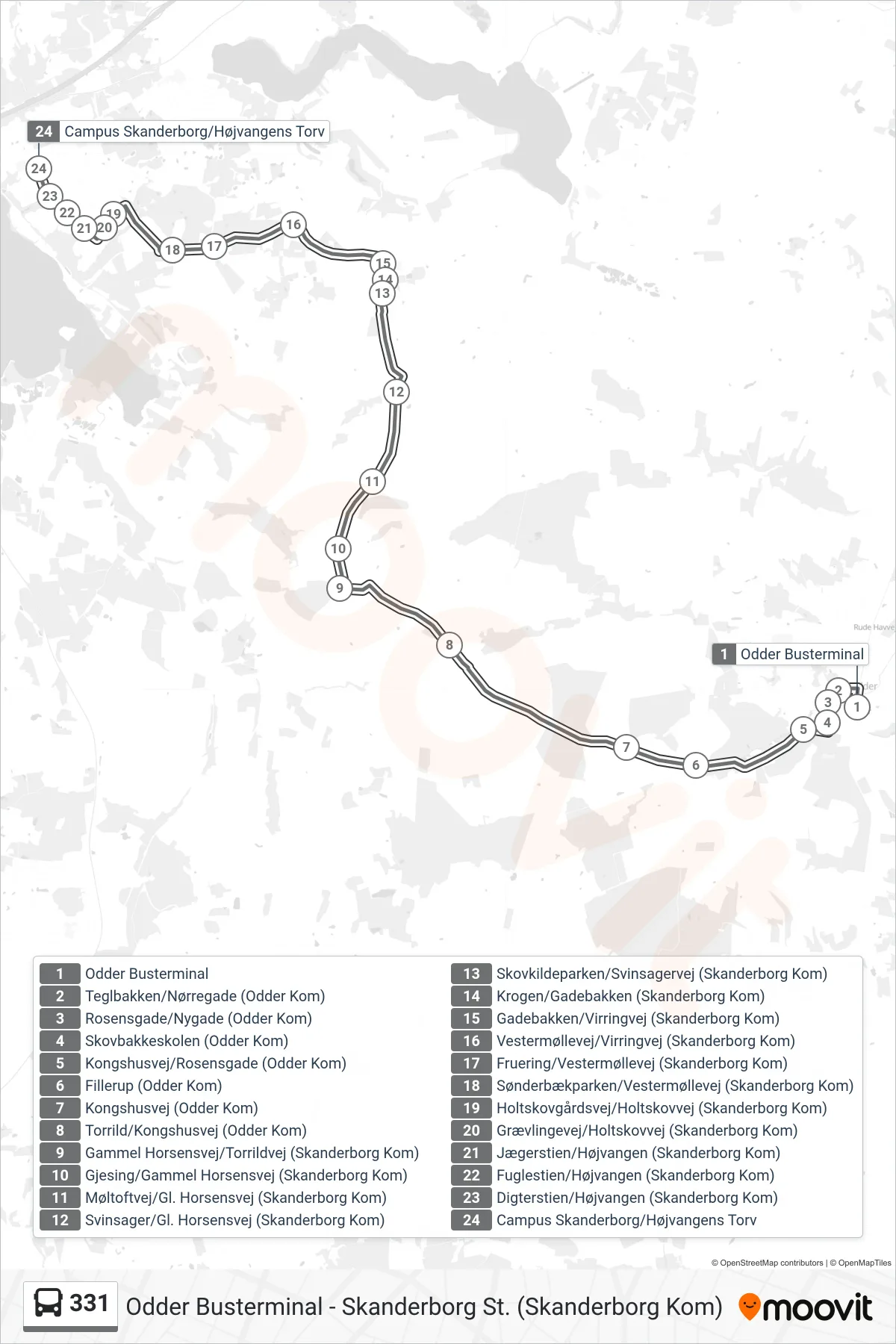 331 bus Linje (Campus Skanderborg) rute og stop på et kort