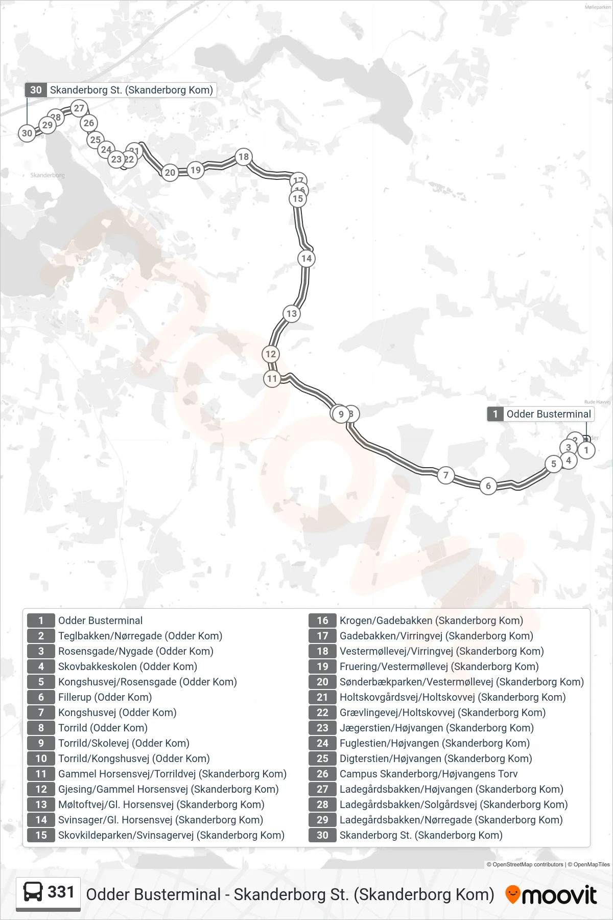 331 bus Line (Skanderborg St.) route and stops on a map