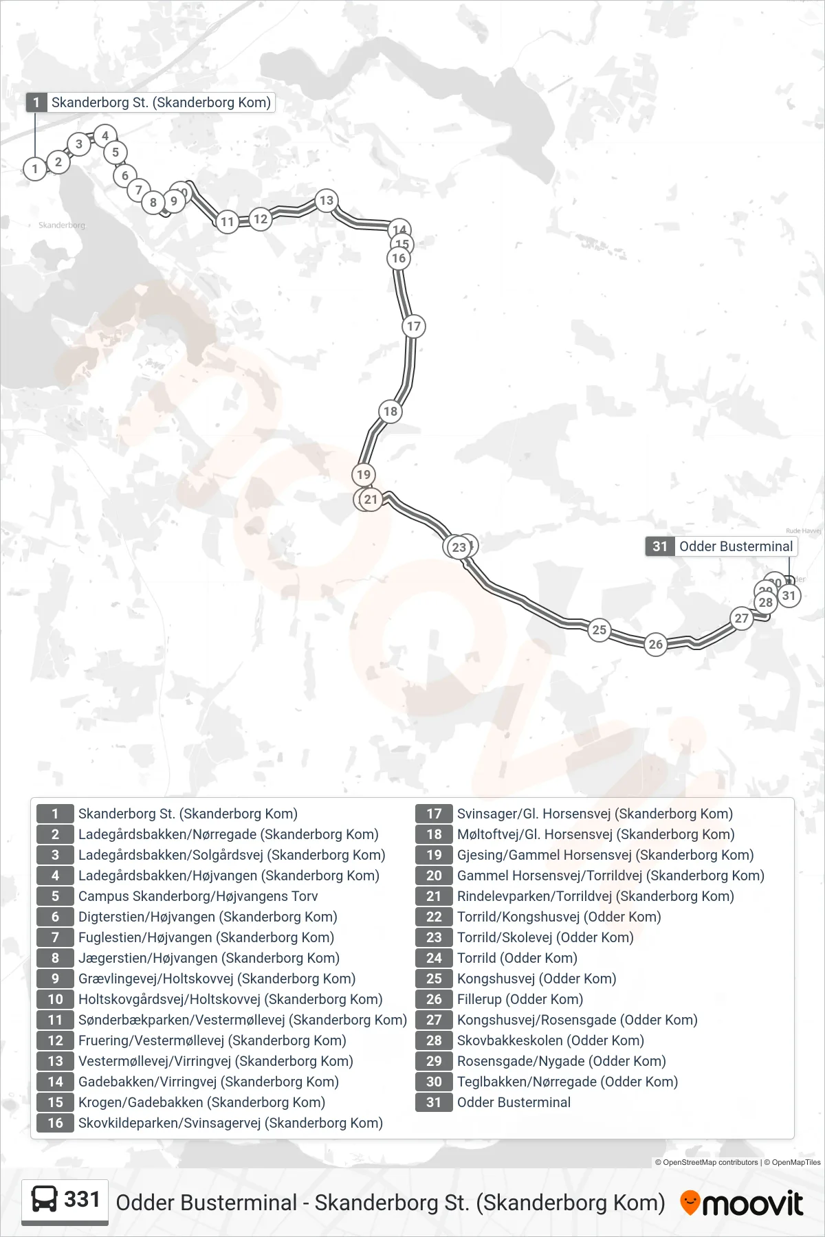 331 bus Linje (Odder Busterminal) rute og stop på et kort