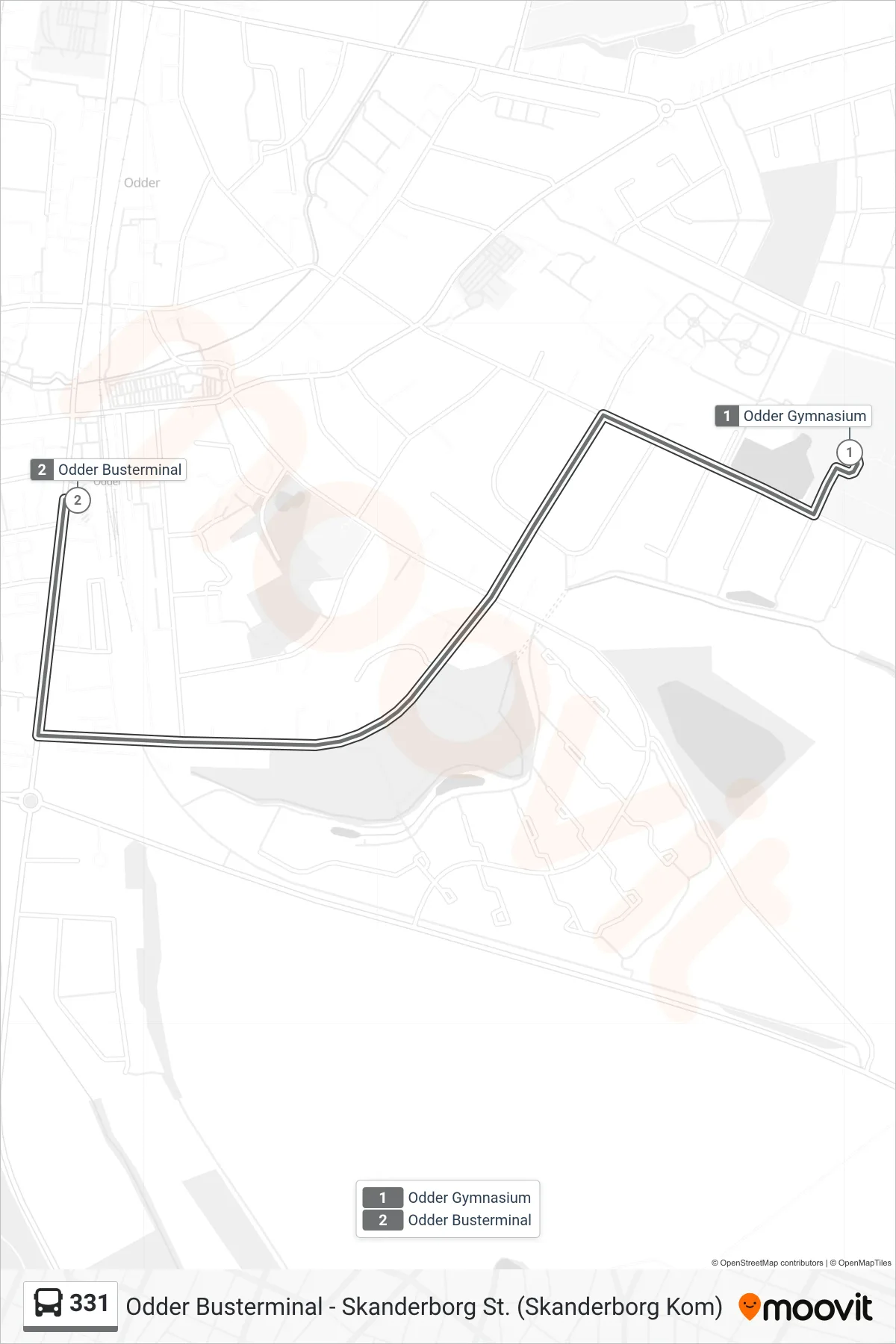 331 bus Linje (Odder Busterminal) rute og stop på et kort