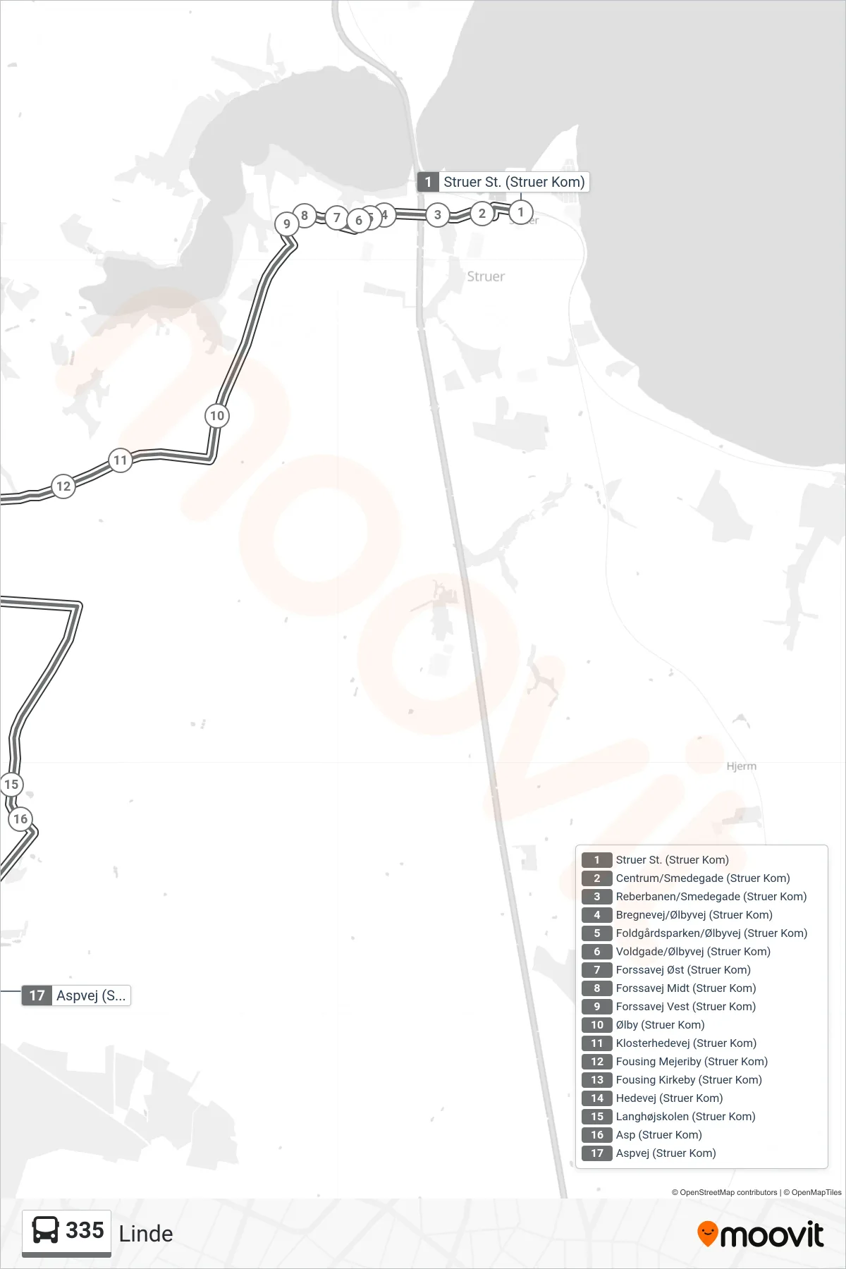 335 bus Linje (Linde) rute og stop på et kort