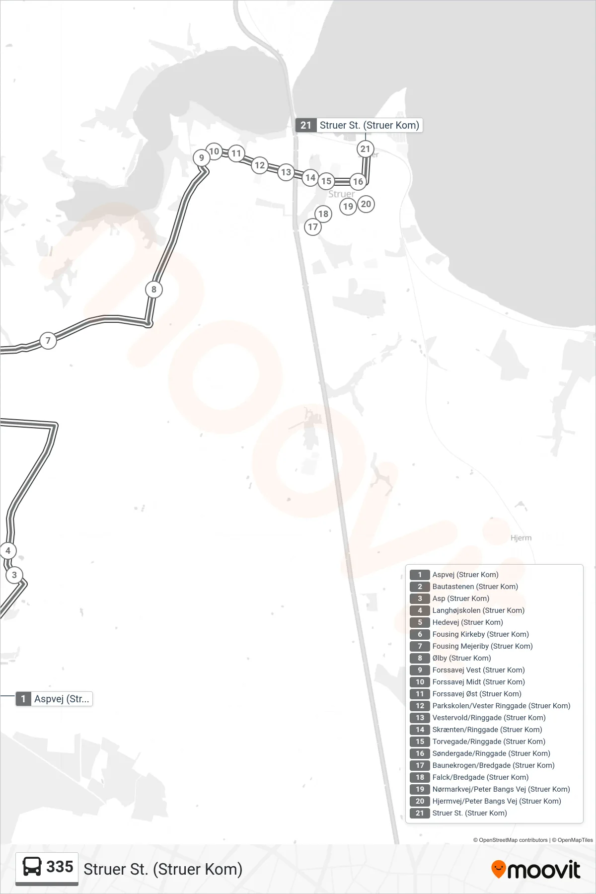 335 bus Linje (Struer St. (Struer Kom)) rute og stop på et kort