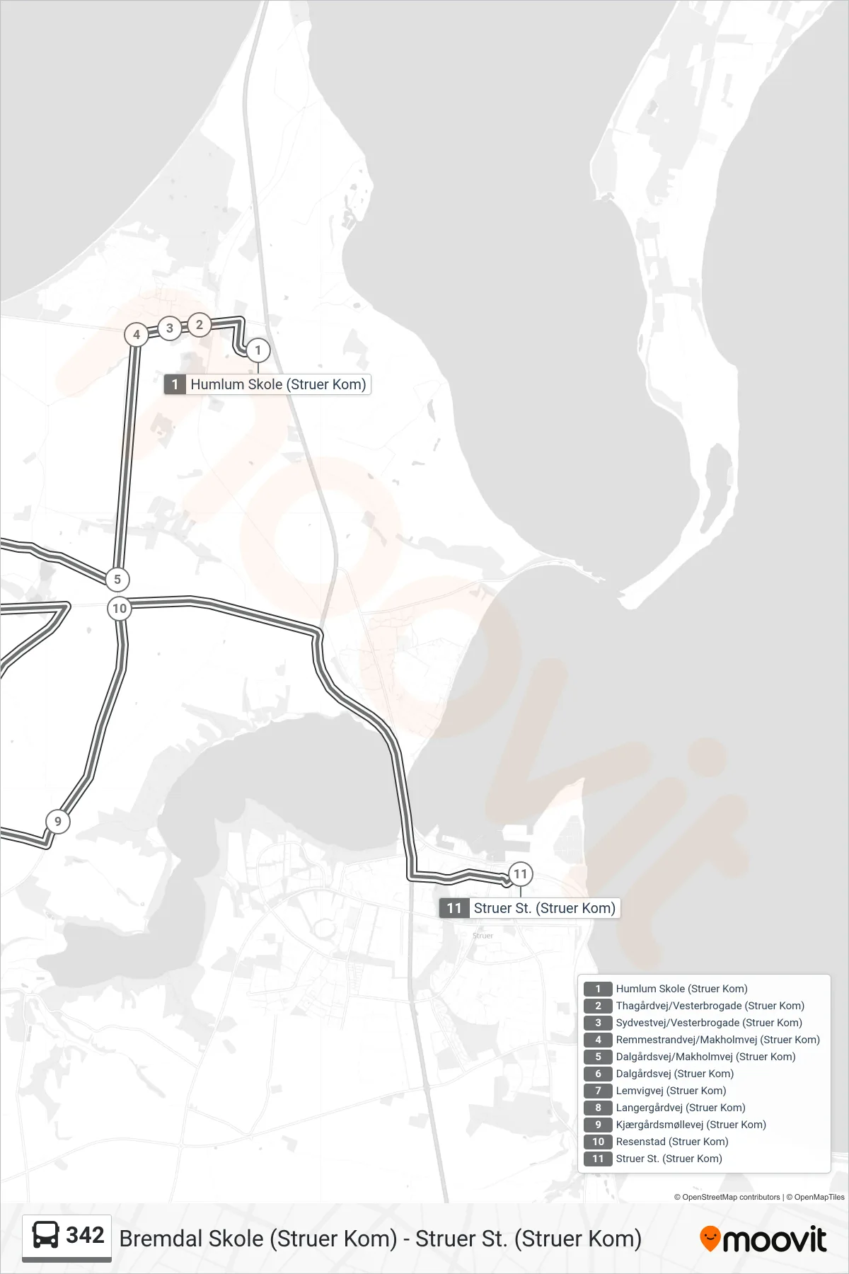 342 bus Linje (Struer St. (Struer Kom)) rute og stop på et kort