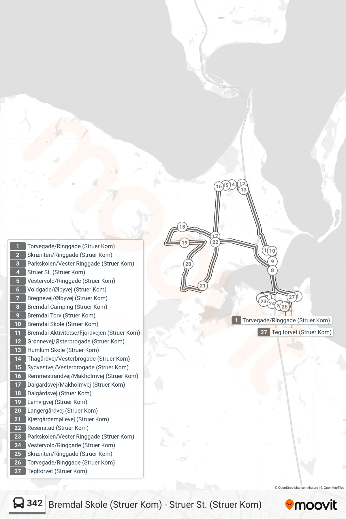 342 bus Linje (Struer St.) rute og stop på et kort
