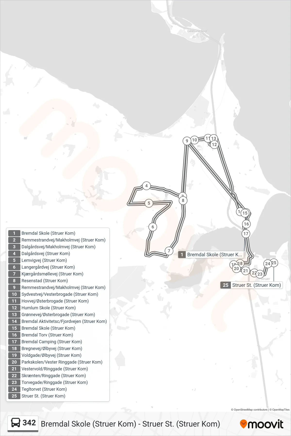 342 bus Linje (Struer St. (Struer Kom)) rute og stop på et kort