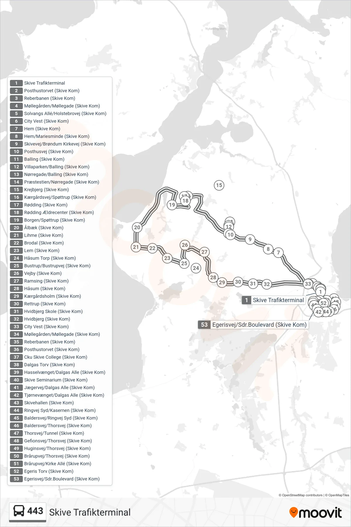 443 bus Linje (Skive Trafikterminal) rute og stop på et kort