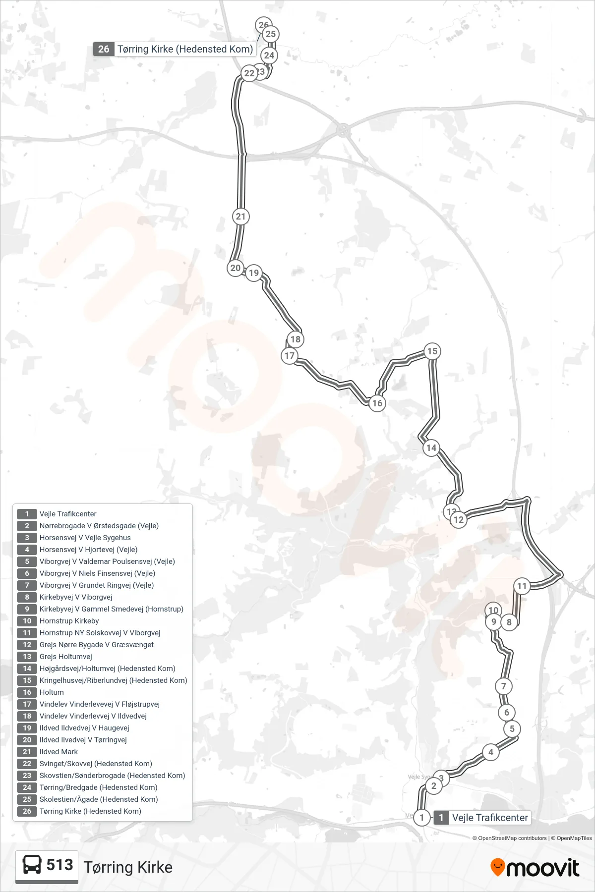 513 bus Linje (Tørring Kirke) rute og stop på et kort