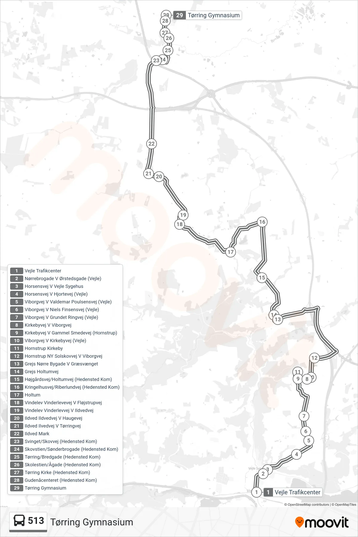 513 bus Linje (Tørring Gymnasium) rute og stop på et kort