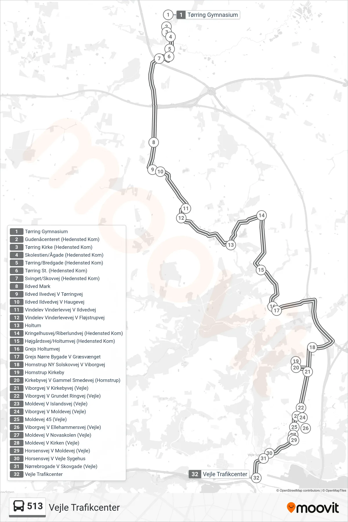 513 bus Linje (Vejle Trafikcenter) rute og stop på et kort