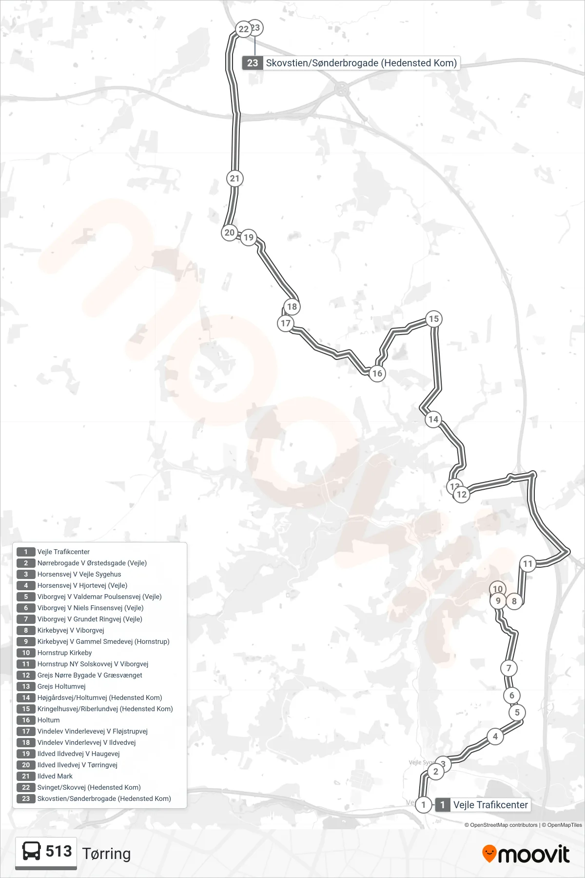 513 bus Linje (Tørring) rute og stop på et kort