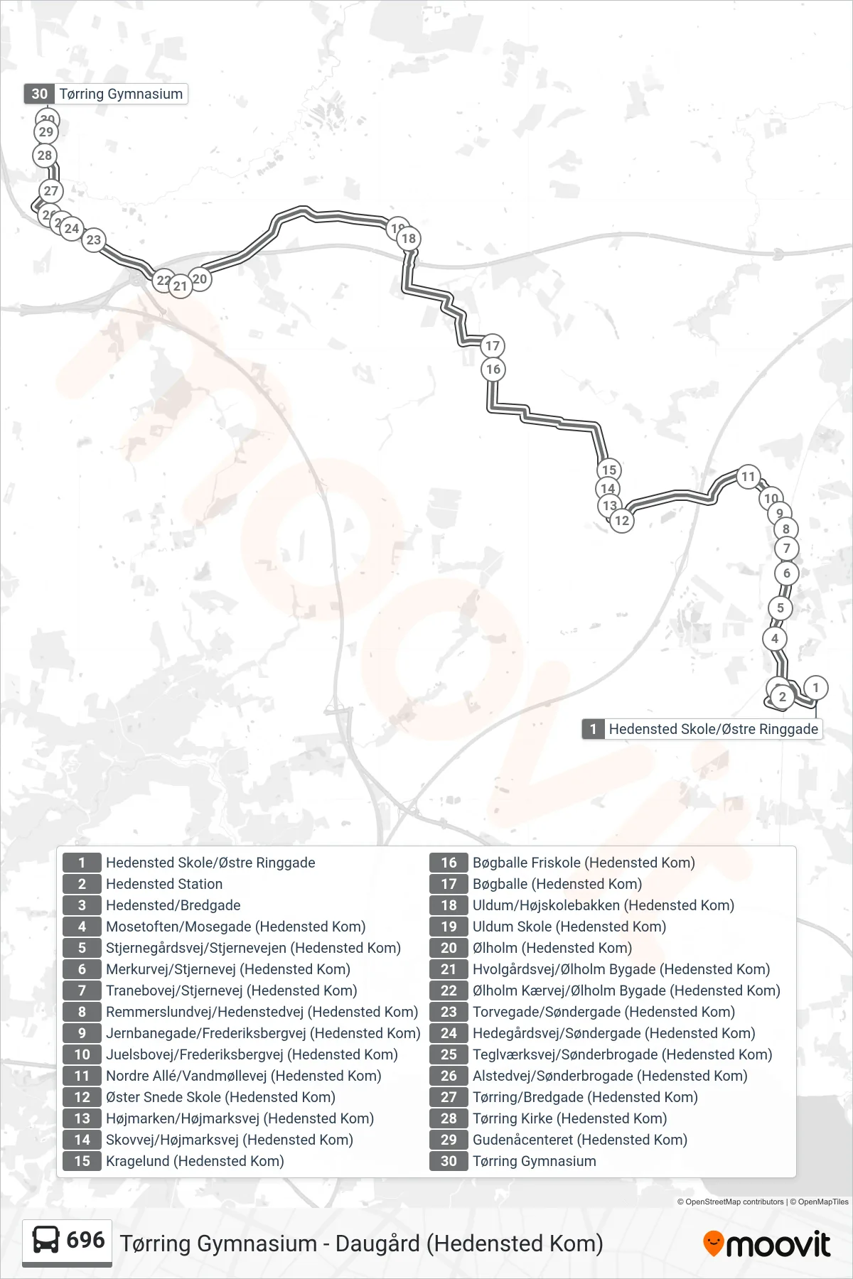 696 bus Linje (Tørring Gymnasium) rute og stop på et kort