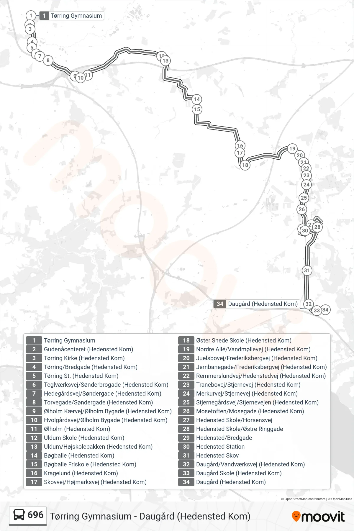 696 bus Linje (Daugård) rute og stop på et kort