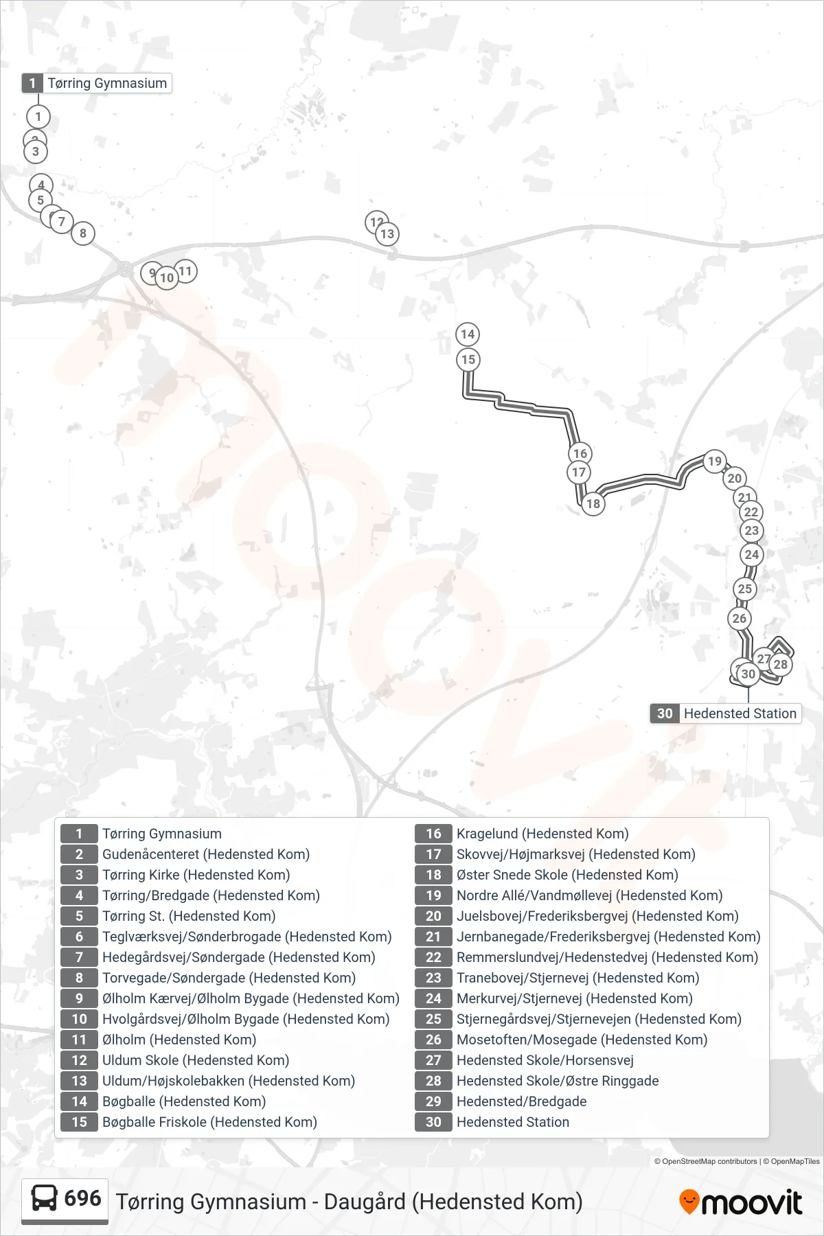 696 bus Linje (Hedensted St.) rute og stop på et kort