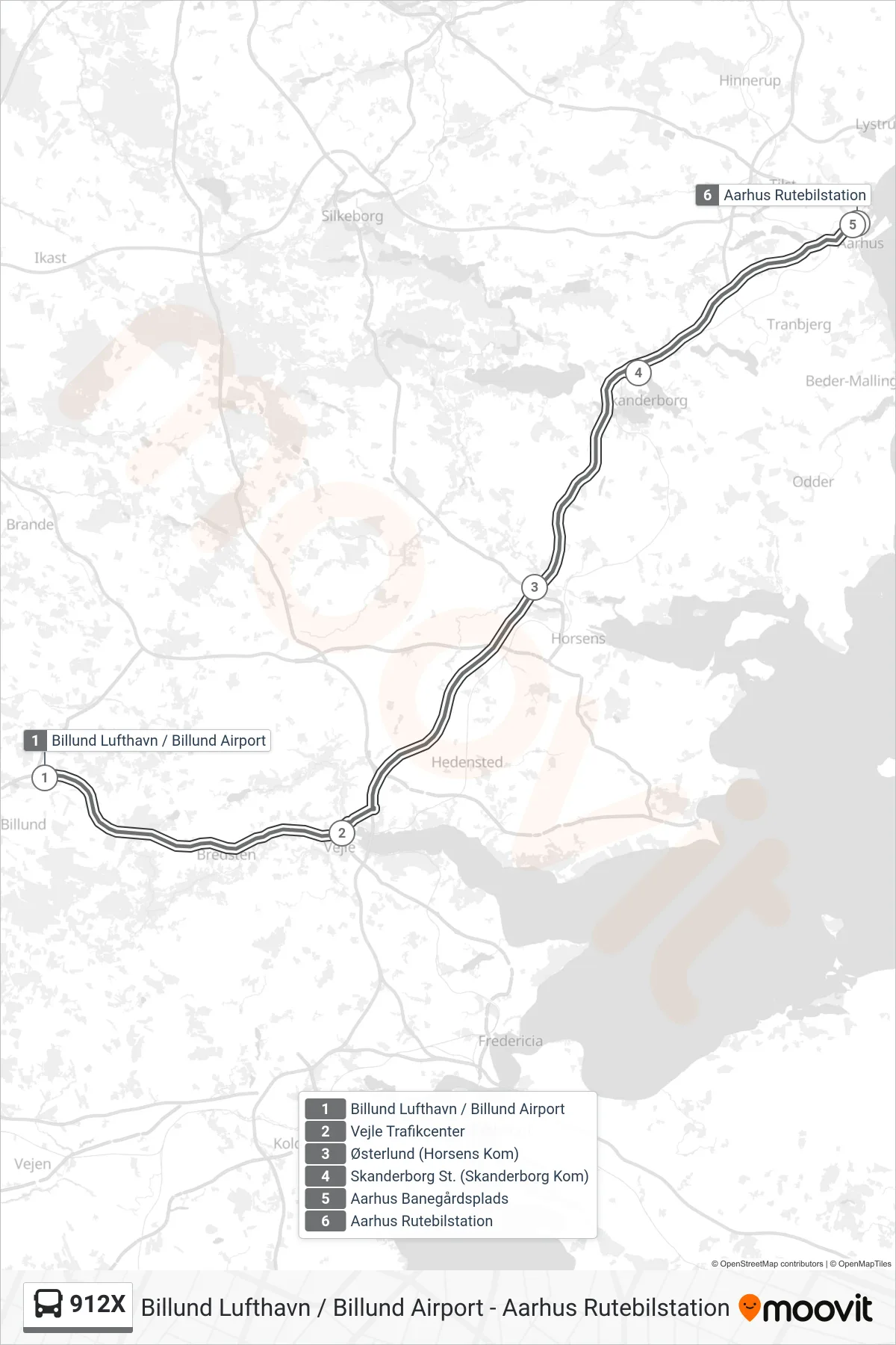 912X bus Linje (Aarhus Rutebilstation) rute og stop på et kort