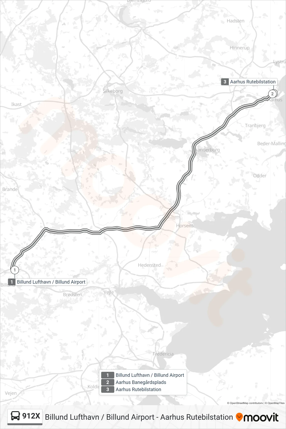 912X bus Linje (Aarhus) rute og stop på et kort