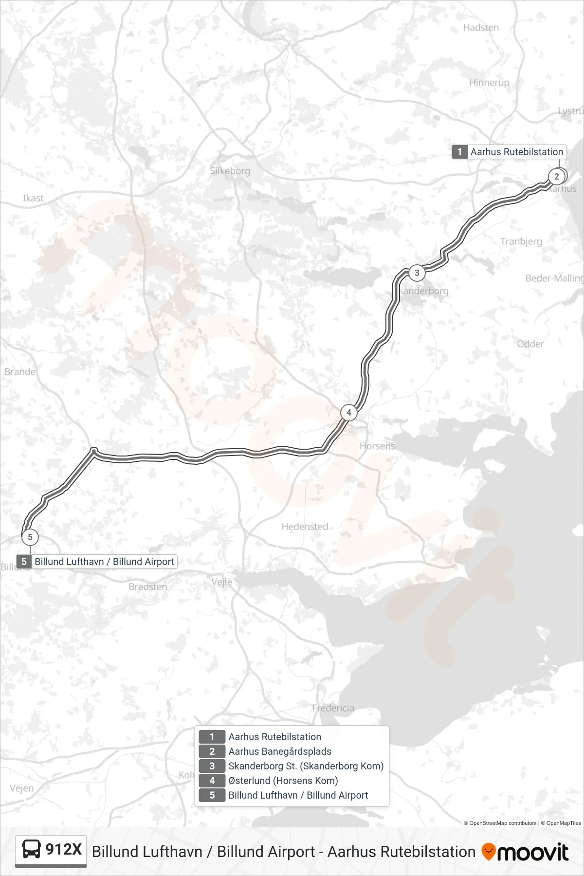 912X bus Linje (Billund Lufthavn) rute og stop på et kort