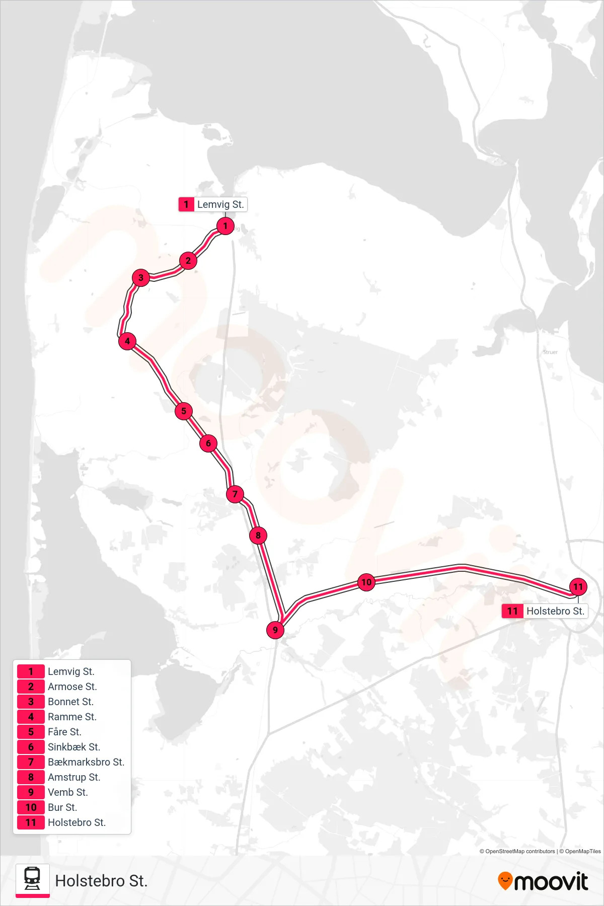 93 jernbane Linje (Holstebro St.) rute og stop på et kort