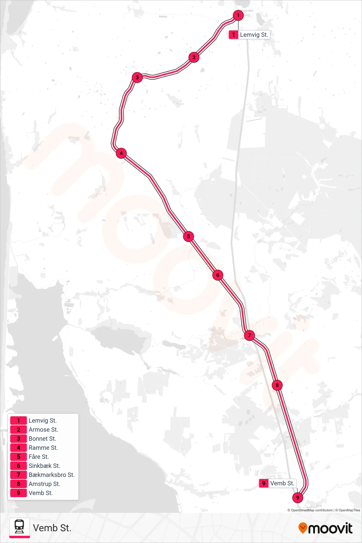 93 jernbane Linje (Vemb St.) rute og stop på et kort