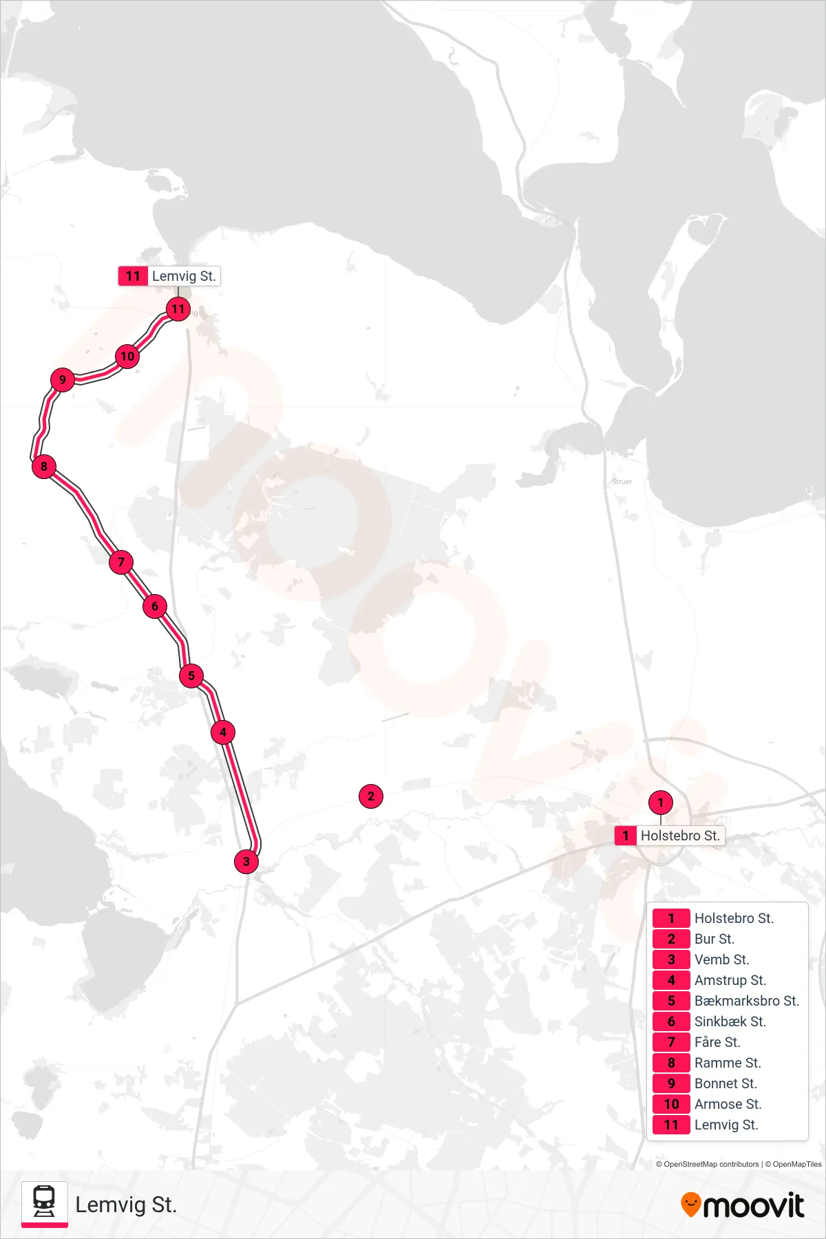 93 jernbane Linje (Lemvig St.) rute og stop på et kort