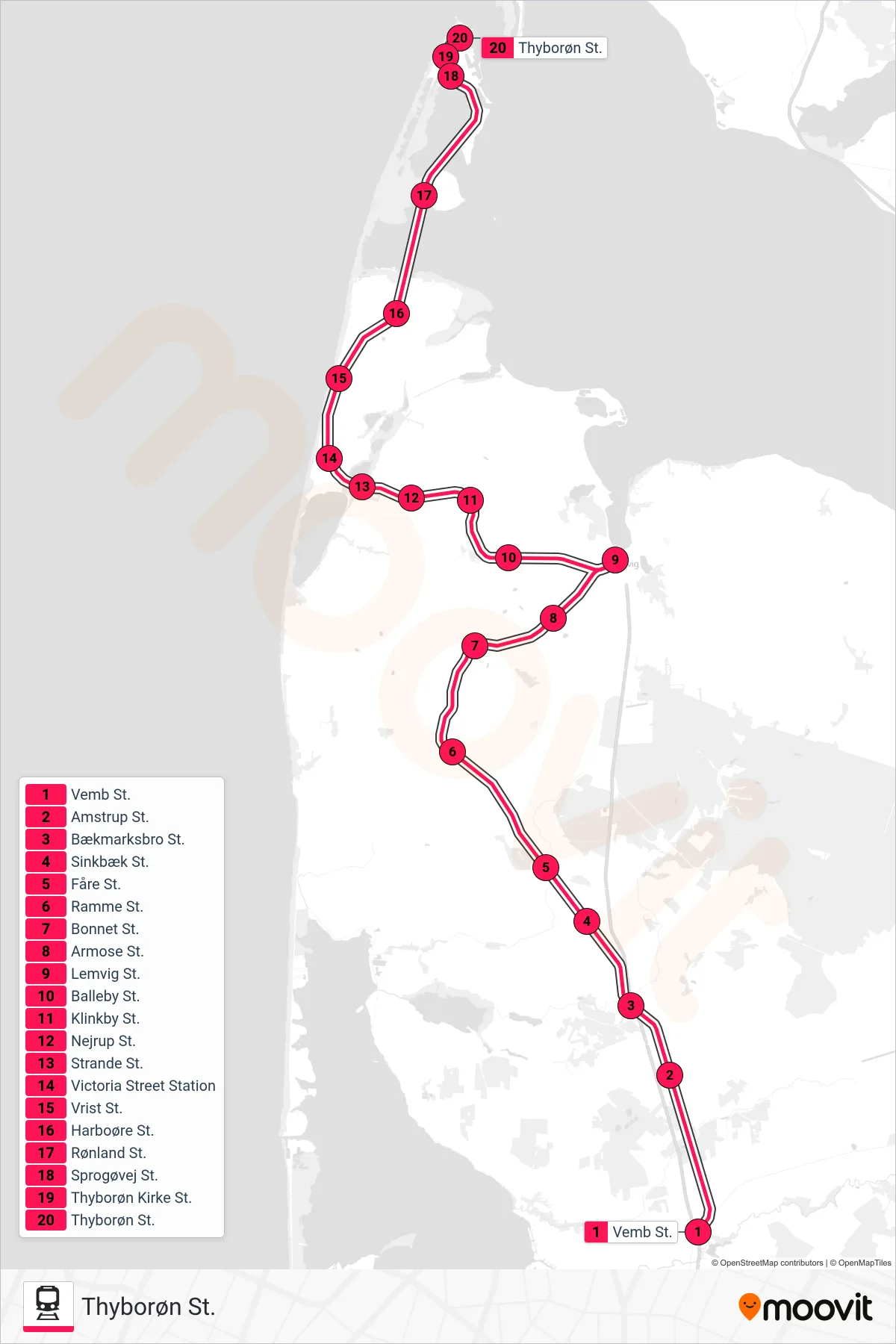 93 jernbane Linje (Thyborøn St.) rute og stop på et kort