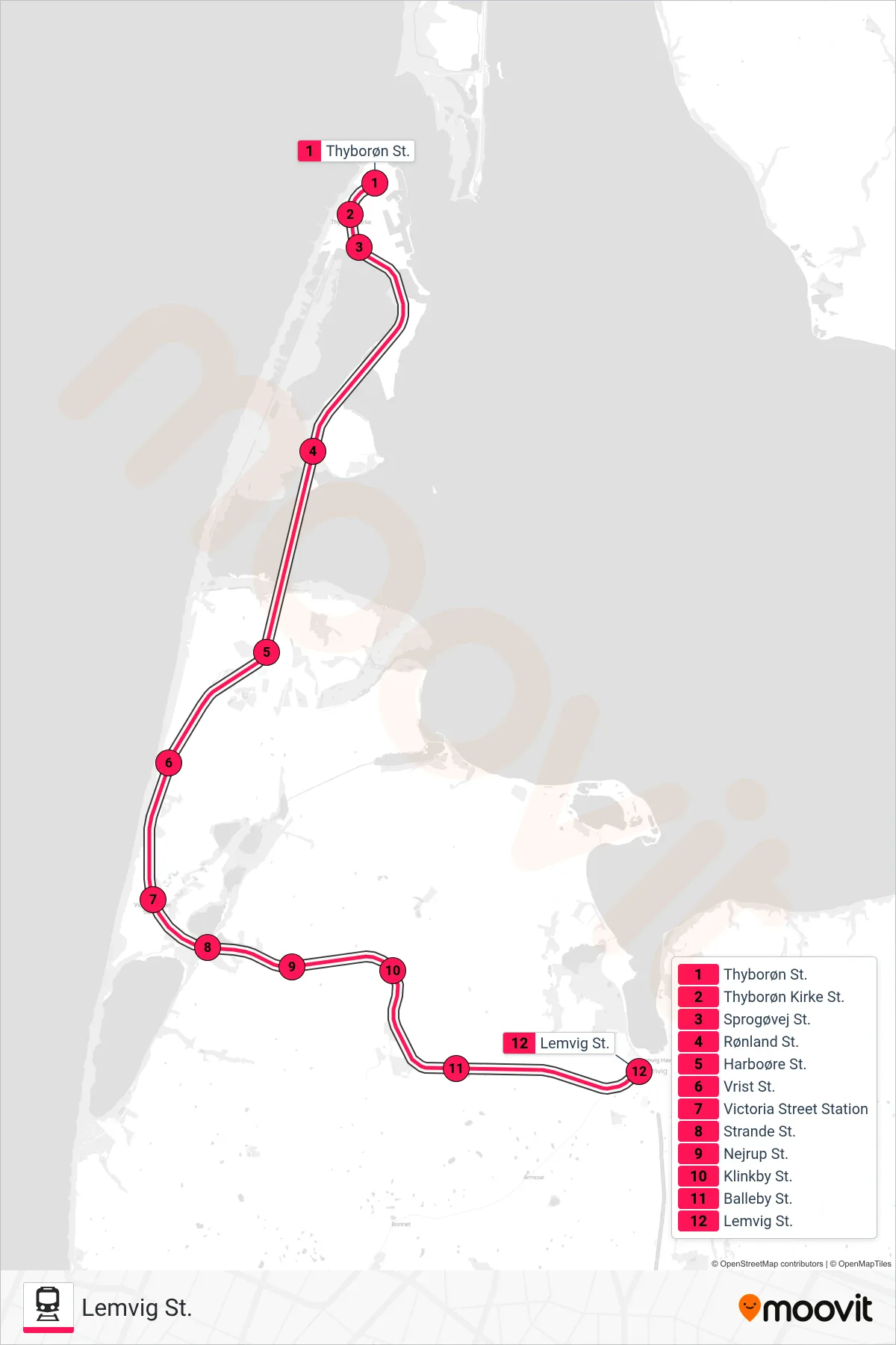 93 jernbane Linje (Lemvig St.) rute og stop på et kort