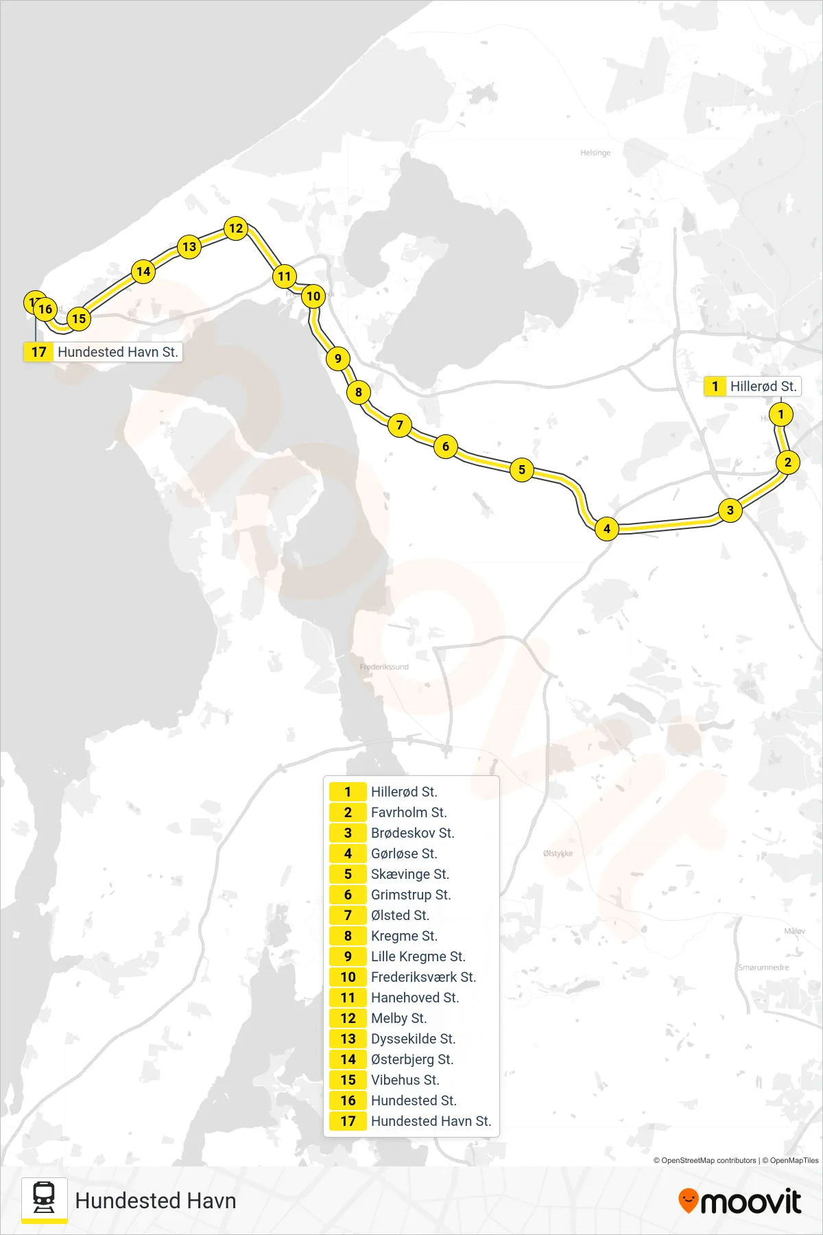 920R jernbane Linje (Hundested Havn) rute og stop på et kort